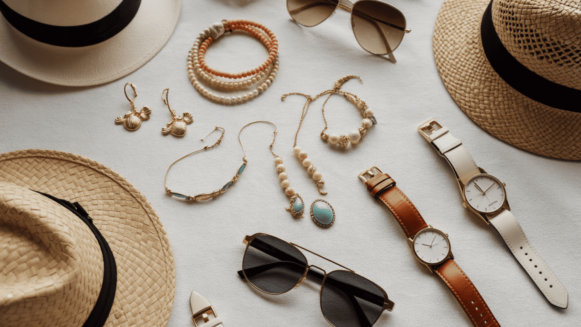 a collection of accessories including three hats, one pair of earrings, two sunglasses, two watches, and three bracelets