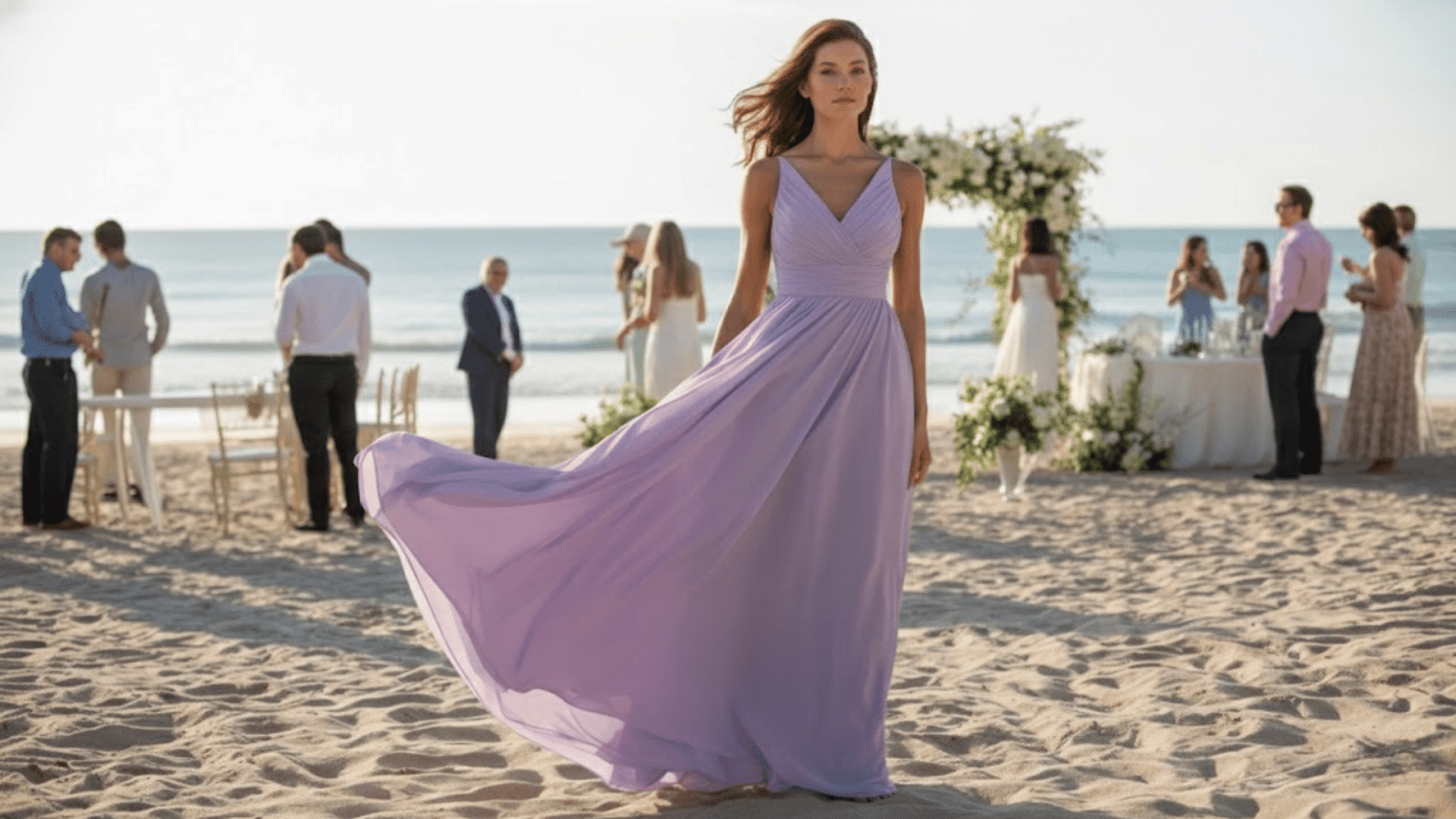 a woman in a flowing chiffon dress in lavender color, standing on the beach with the dress moving in the breeze