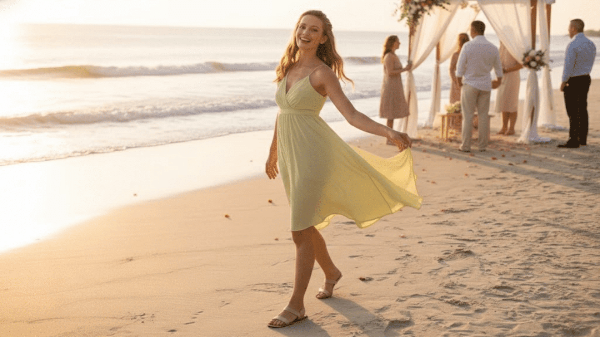 a woman in a light yellow flowy sundress with flat sandals, standing on the beach at a casual beach wedding