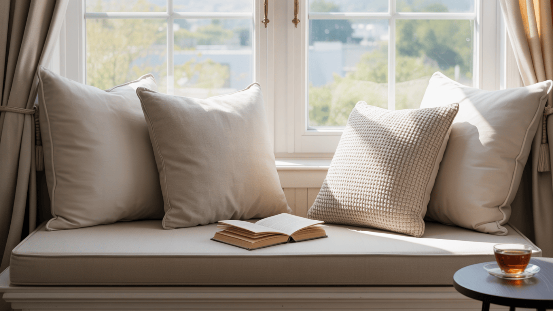 create a relaxing window seat with soft pillows