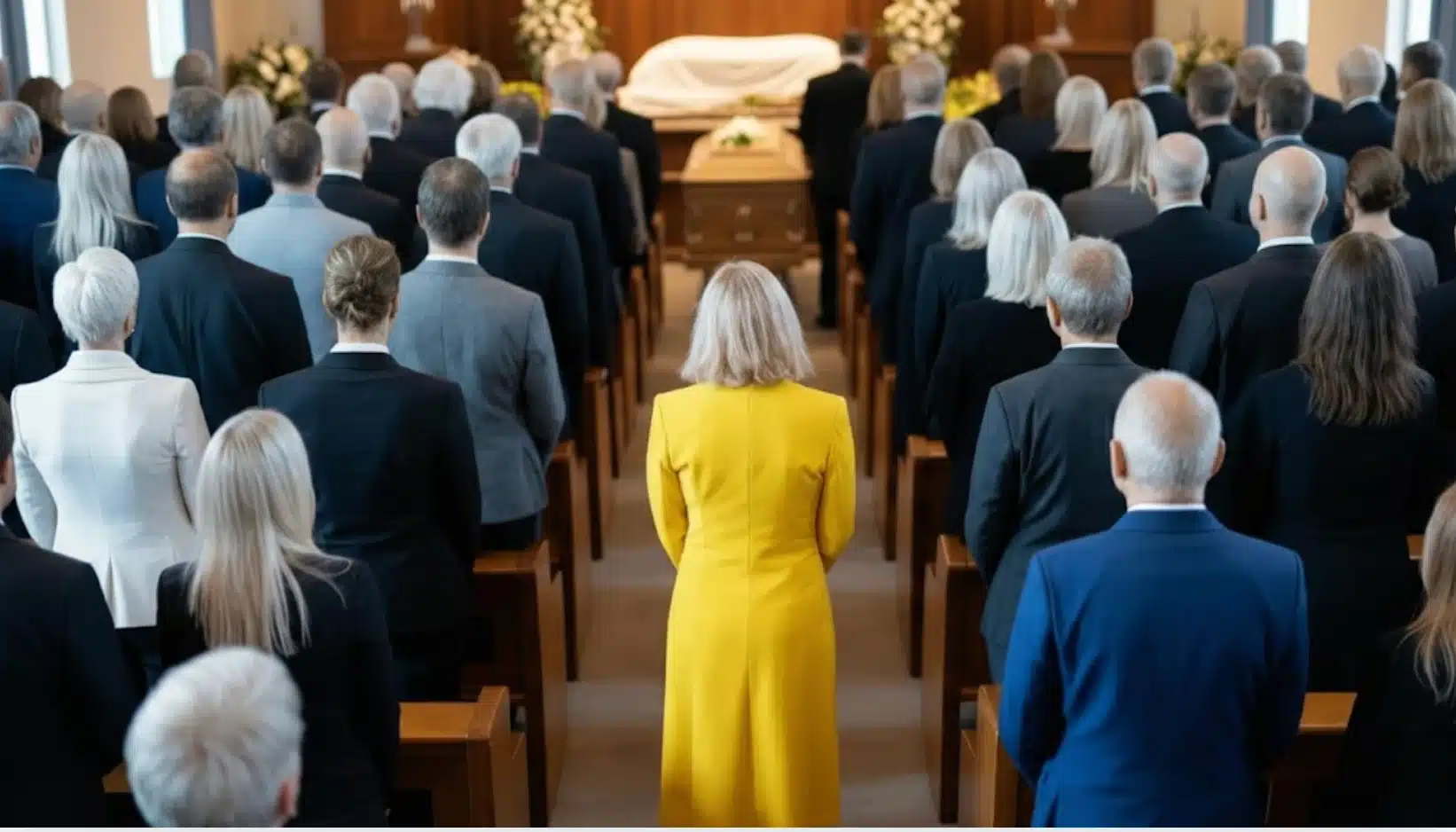 a group of people attending a funeral service, standing in rows facing a casket, with one person in yellow