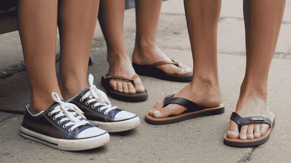 four pairs of shoes, sneakers, flip flops, and sandals, worn by different people on a paved surface