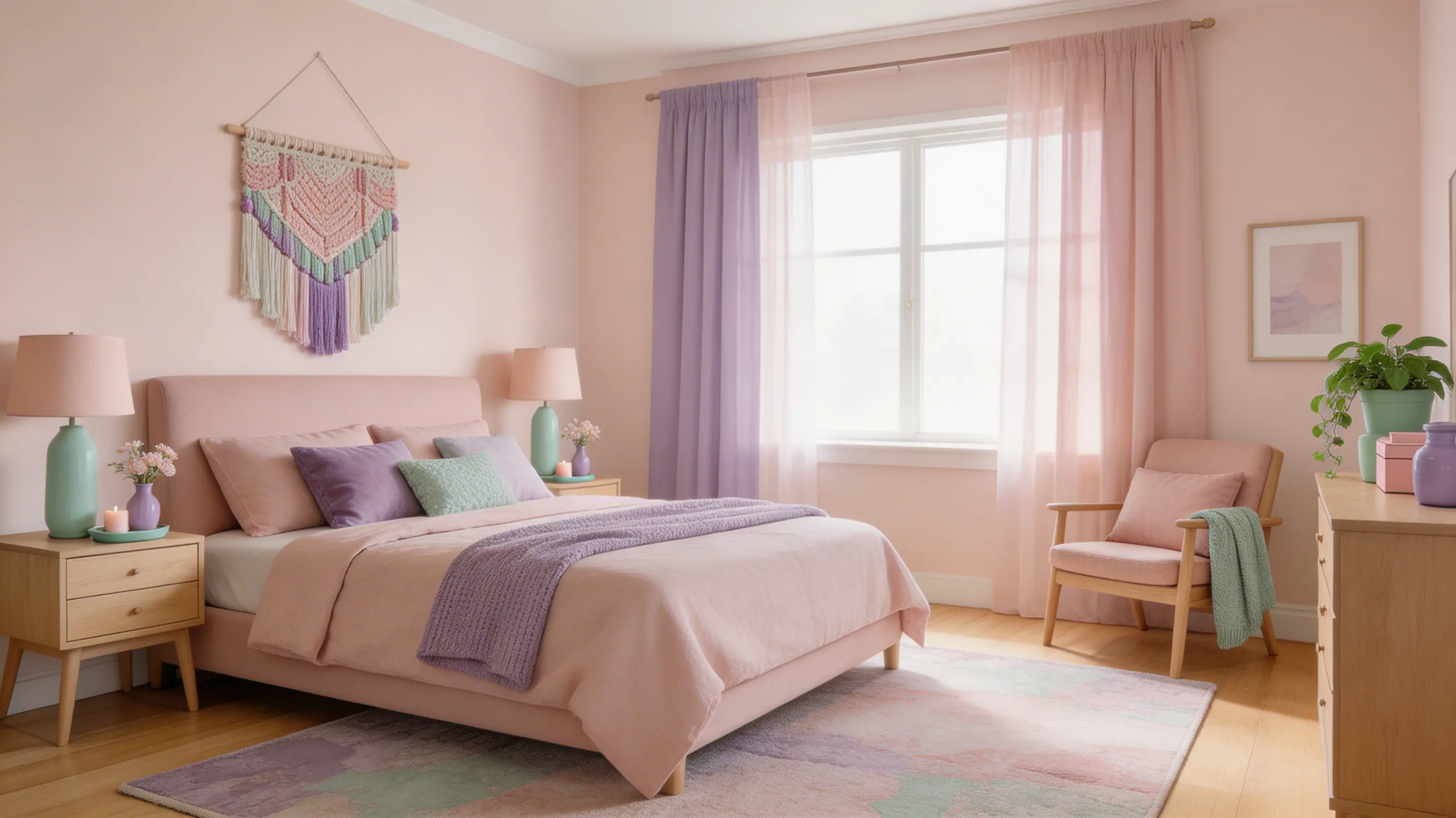 a bedroom with blush pink, lavender, and mint green accents, creating a peaceful, airy feel
