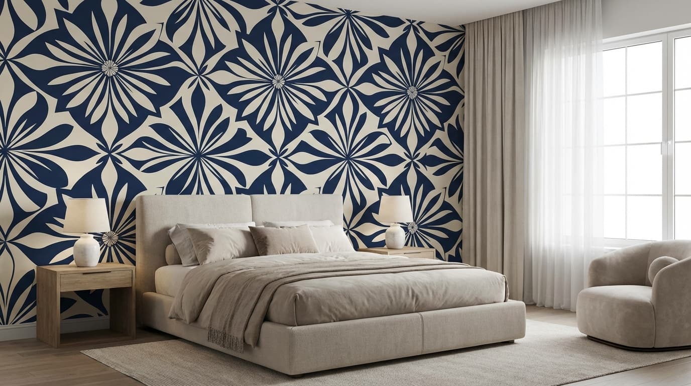 a bedroom with bold wallpaper behind the bed, adding personality and anchoring the room’s décor