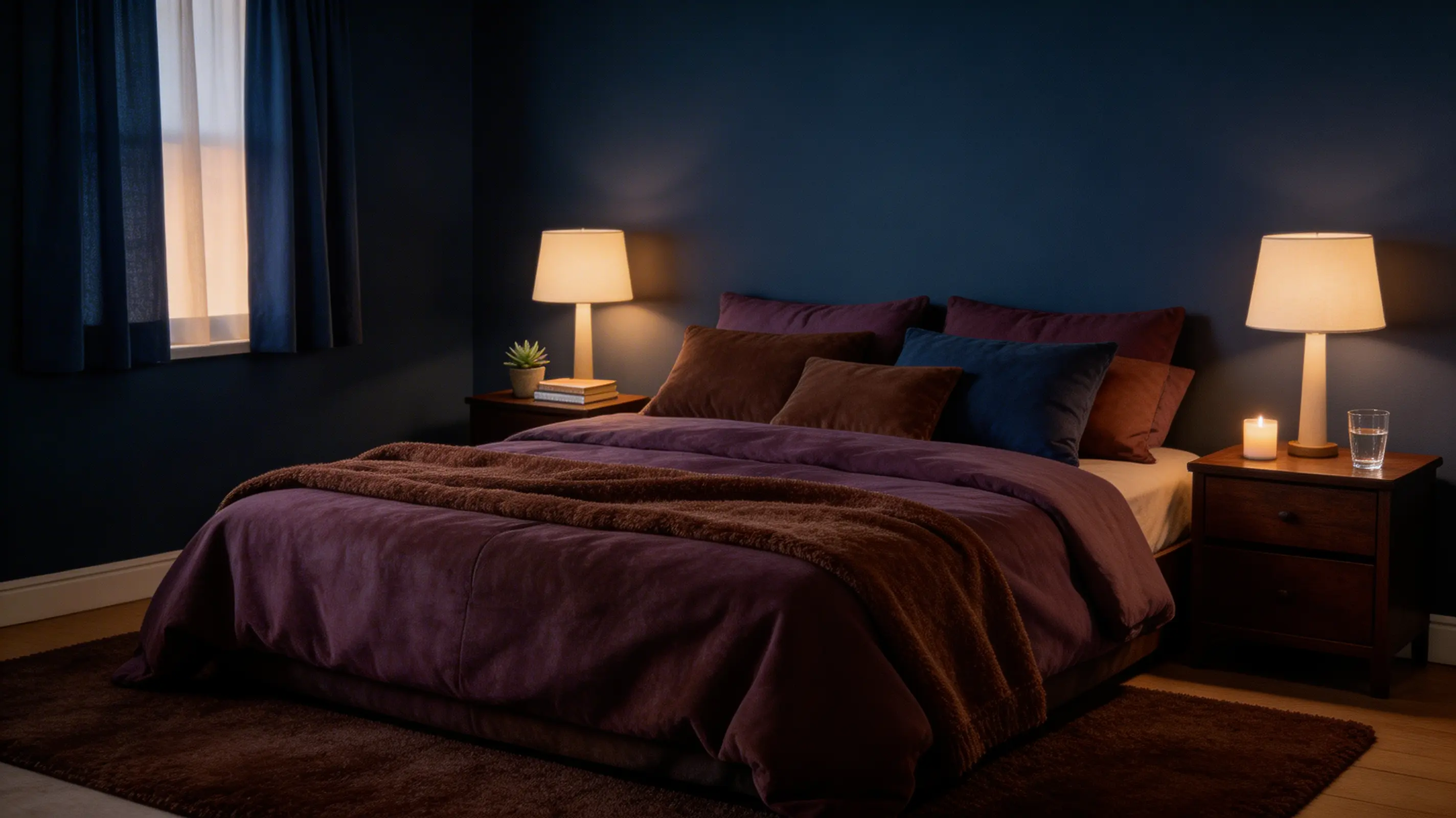 a bedroom with dark hues like midnight blue and deep plum, creating a cozy and intimate retreat.