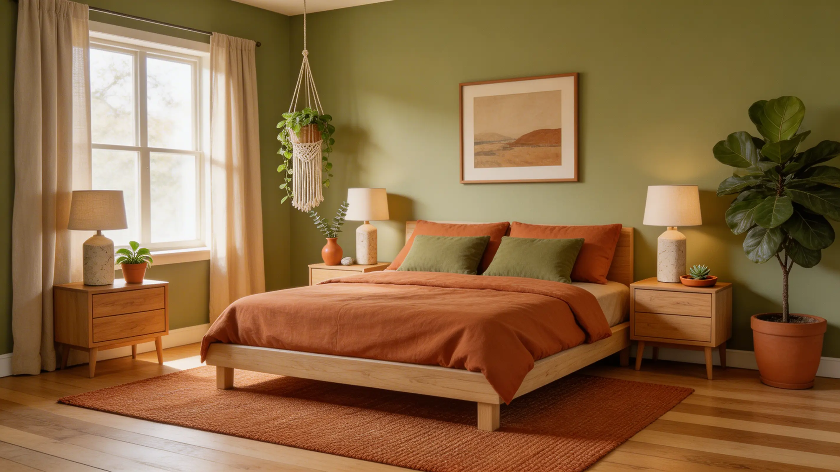 a bedroom with olive green and terracotta tones, wood, stone, and plants for an earthy vibe