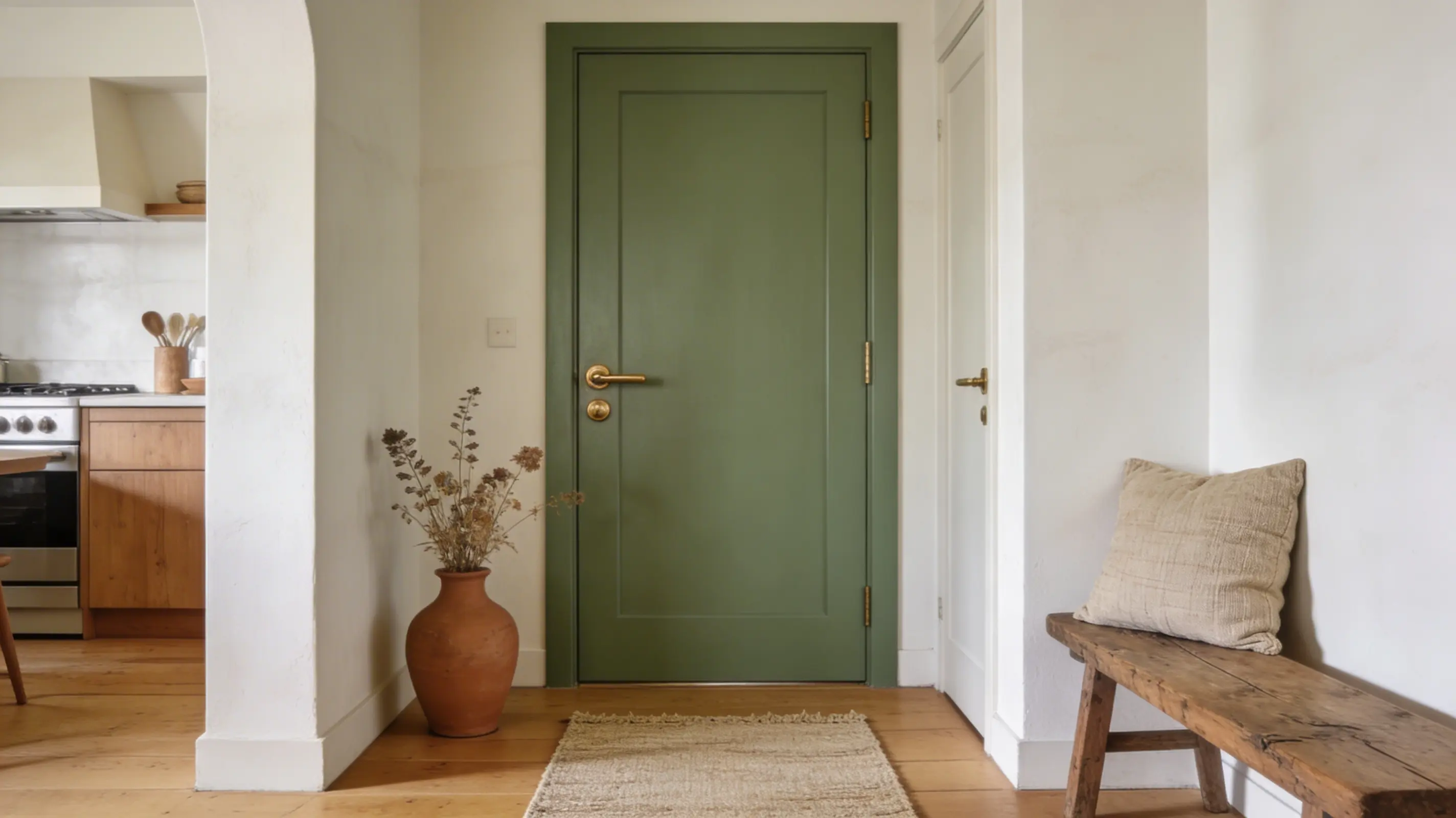 a calming kitchen with a sage green door, natural wood accents, linen textiles, and earthy tones creating a grounded, inviting space