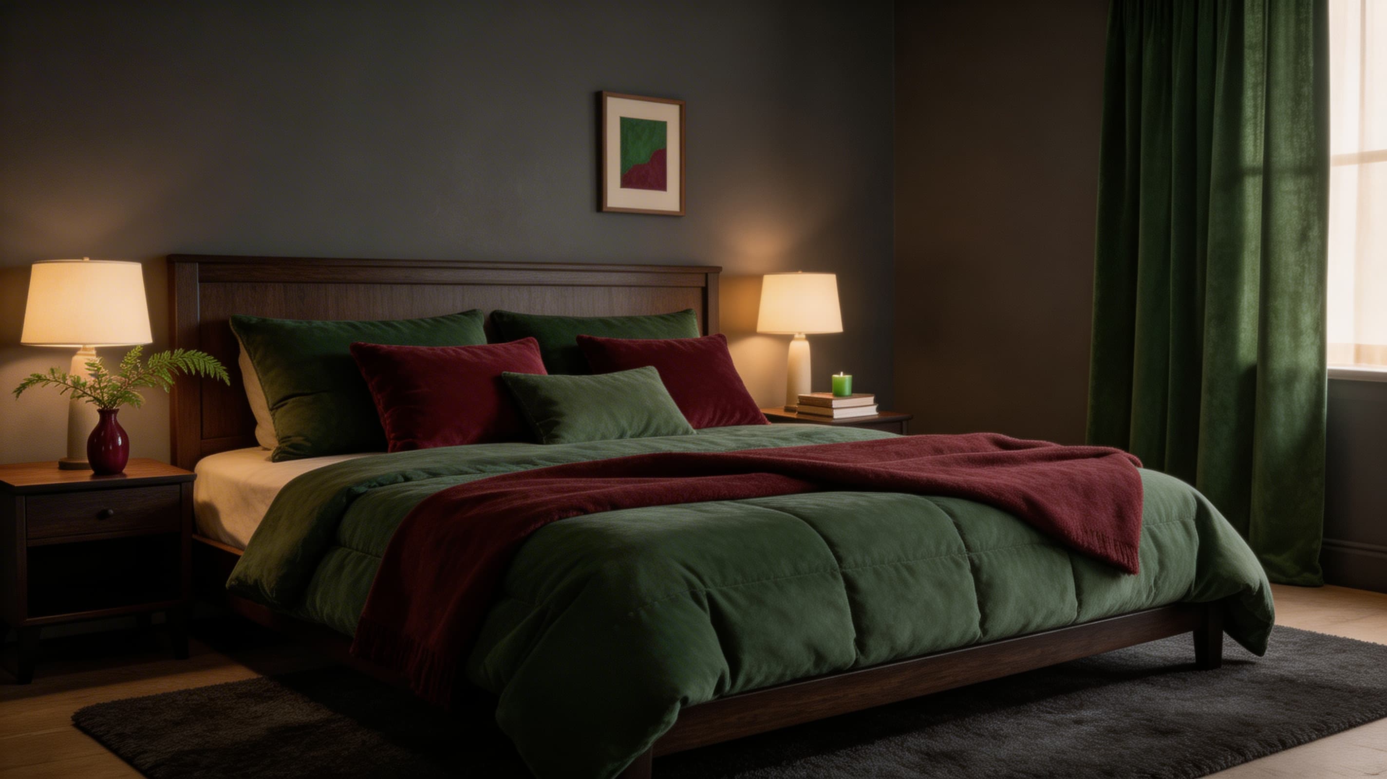 a cozy bedroom with charcoal gray, forest green, and burgundy walls, rich bedding, and soft lighting