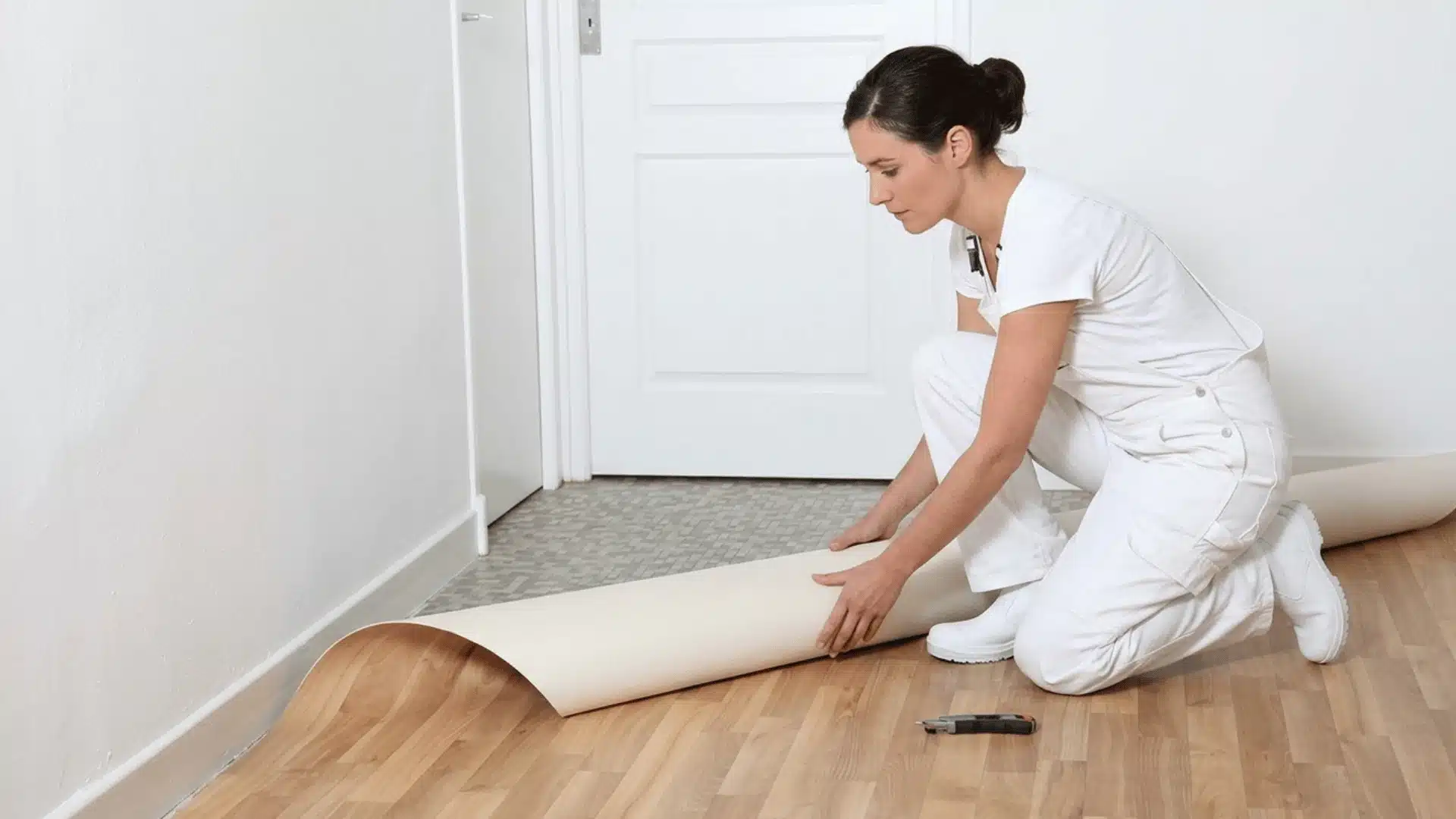 a high quality picture of woman placing flooring in white back ground and white clothes