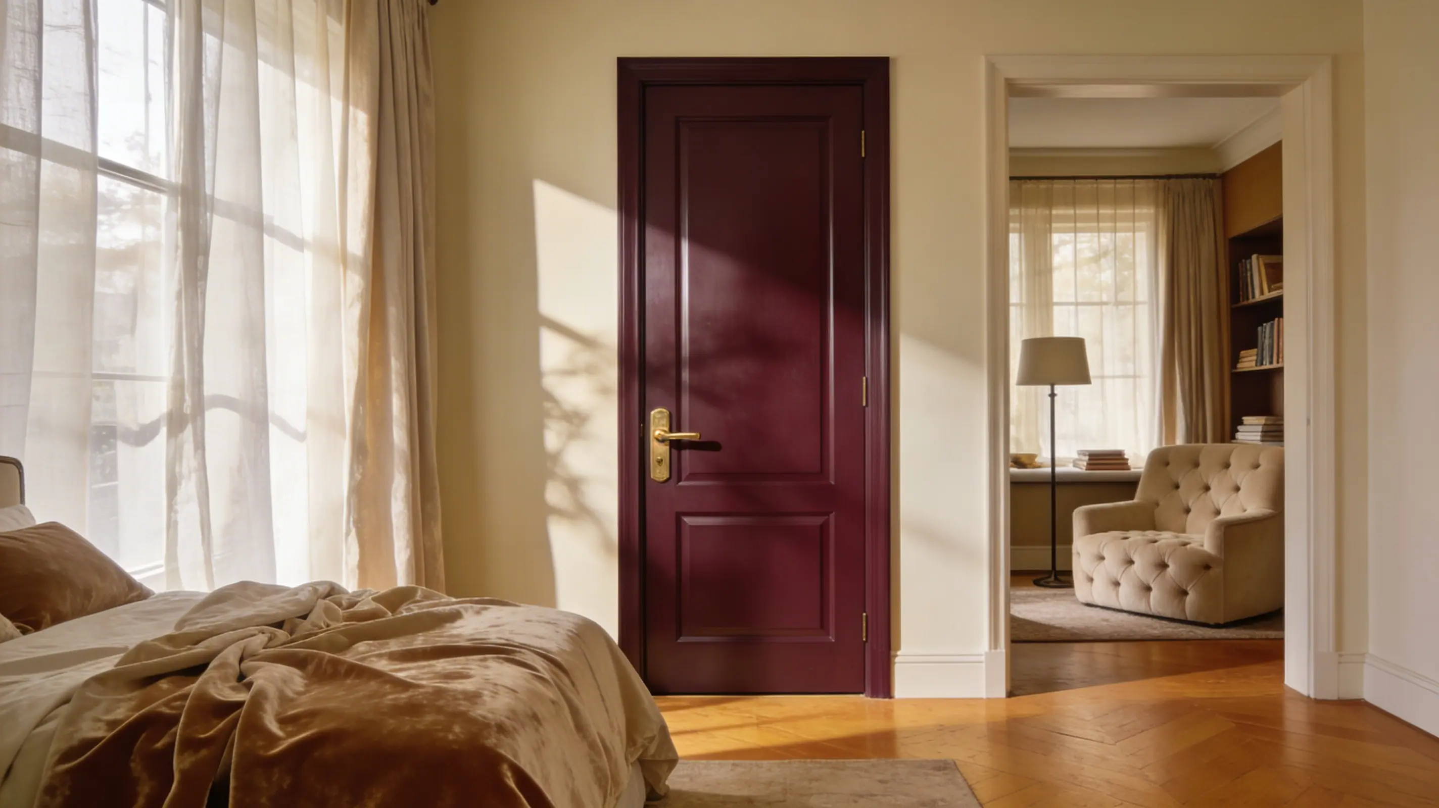 a luxurious bedroom with a rich plum door, gold hardware, velvet textures, and soft natural light creating a sophisticated space