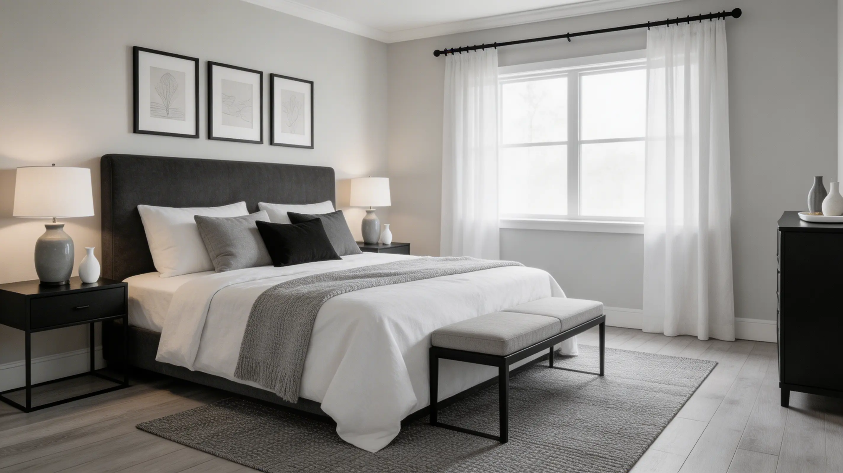 a minimalist monochrome bedroom with shades of white, gray, or black, clean lines, and simple decor