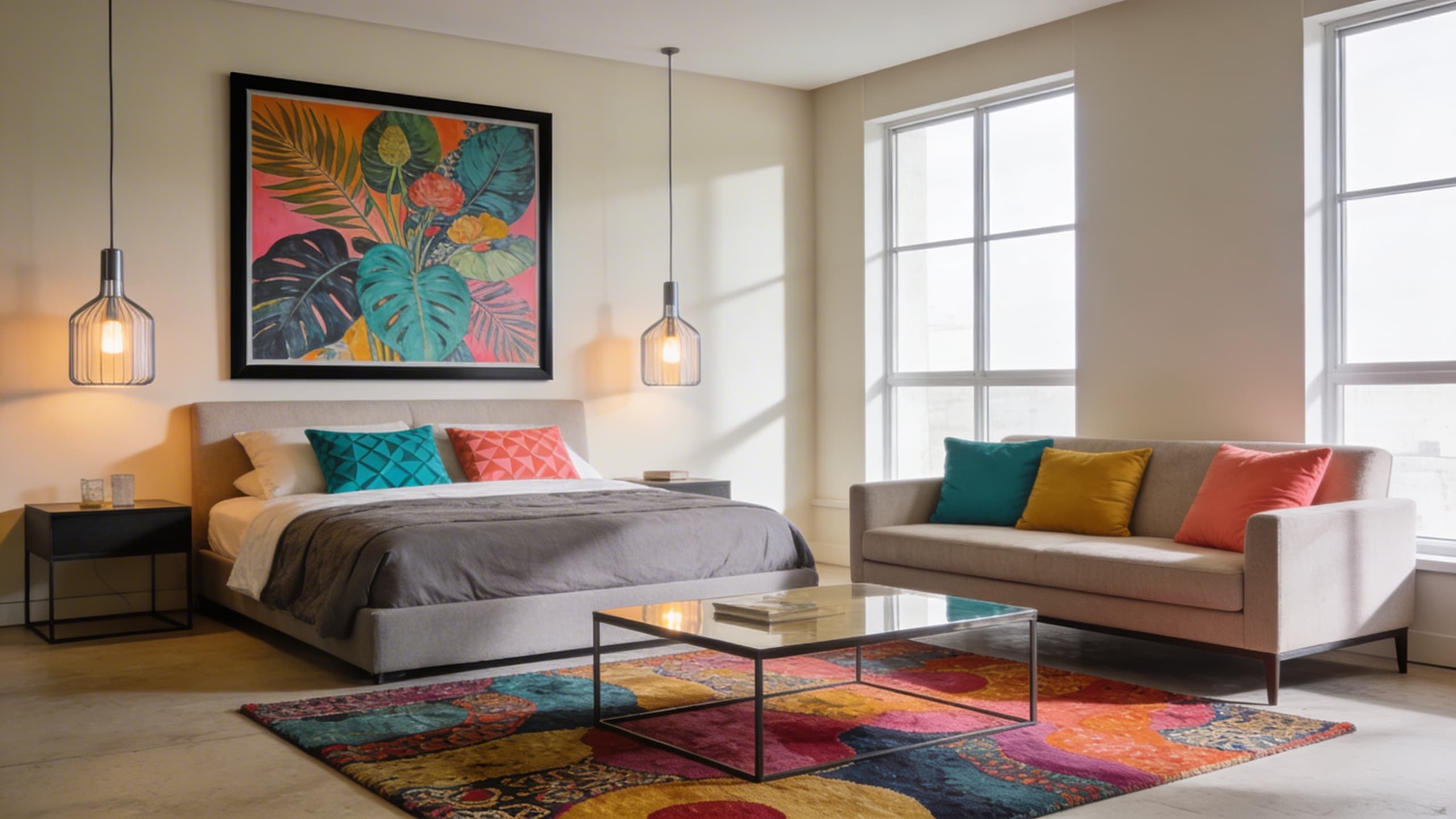 a modern bedroom with a muted base and bold accents like colorful throw pillows and vibrant prints.