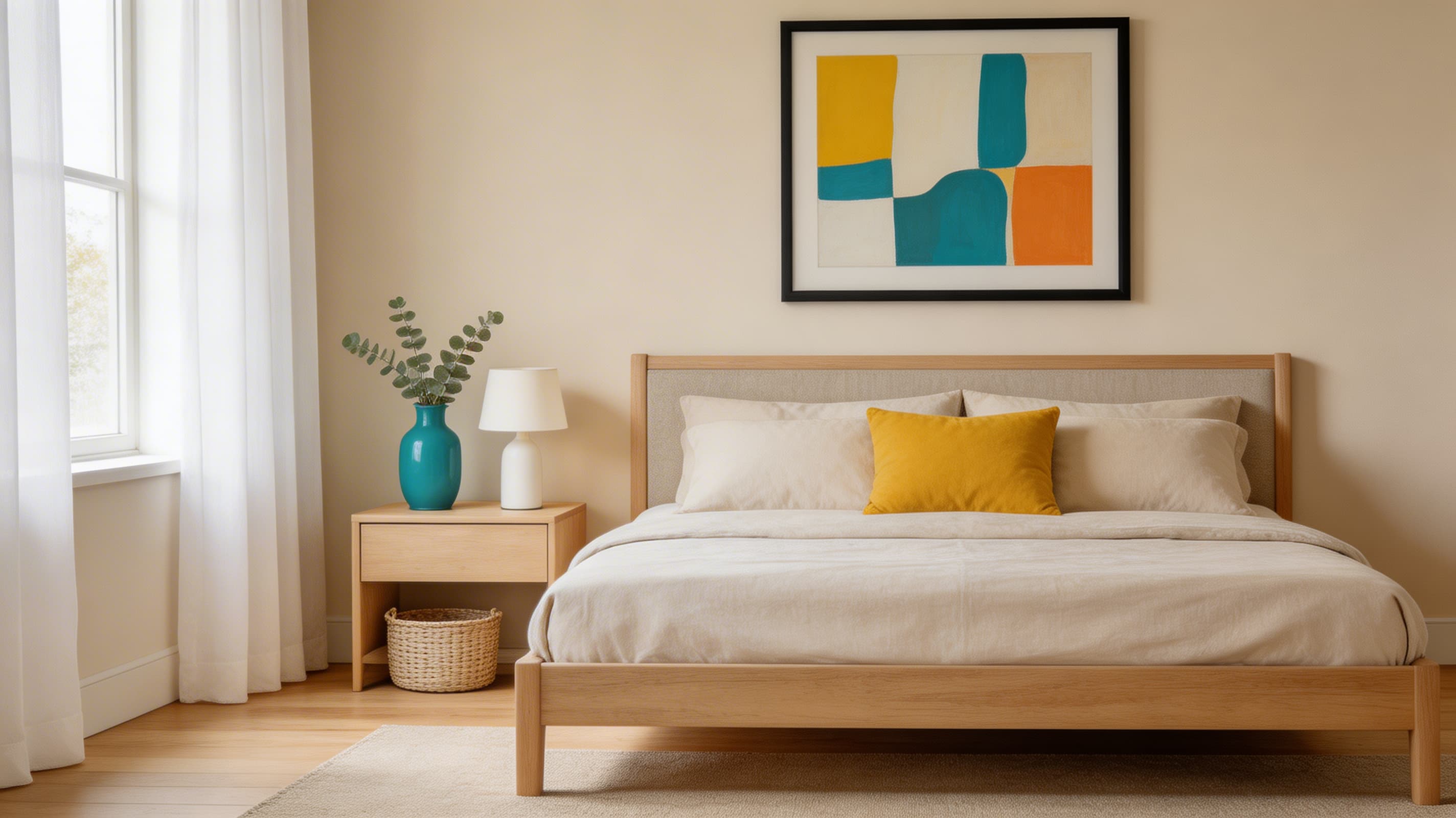 a neutral bedroom with vibrant accents like mustard cushions and teal vases for added personality.