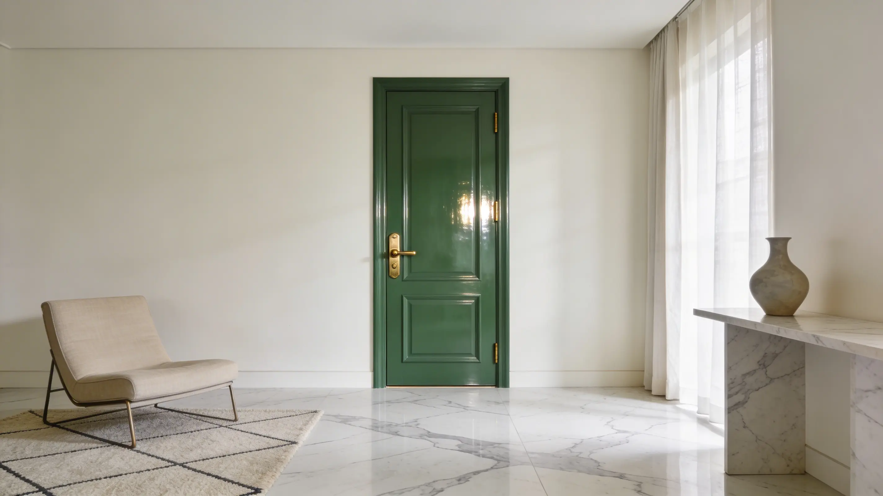 a polished jade green door with brass hardware in a minimalist room, creating a fresh, elegant statement against soft cream walls