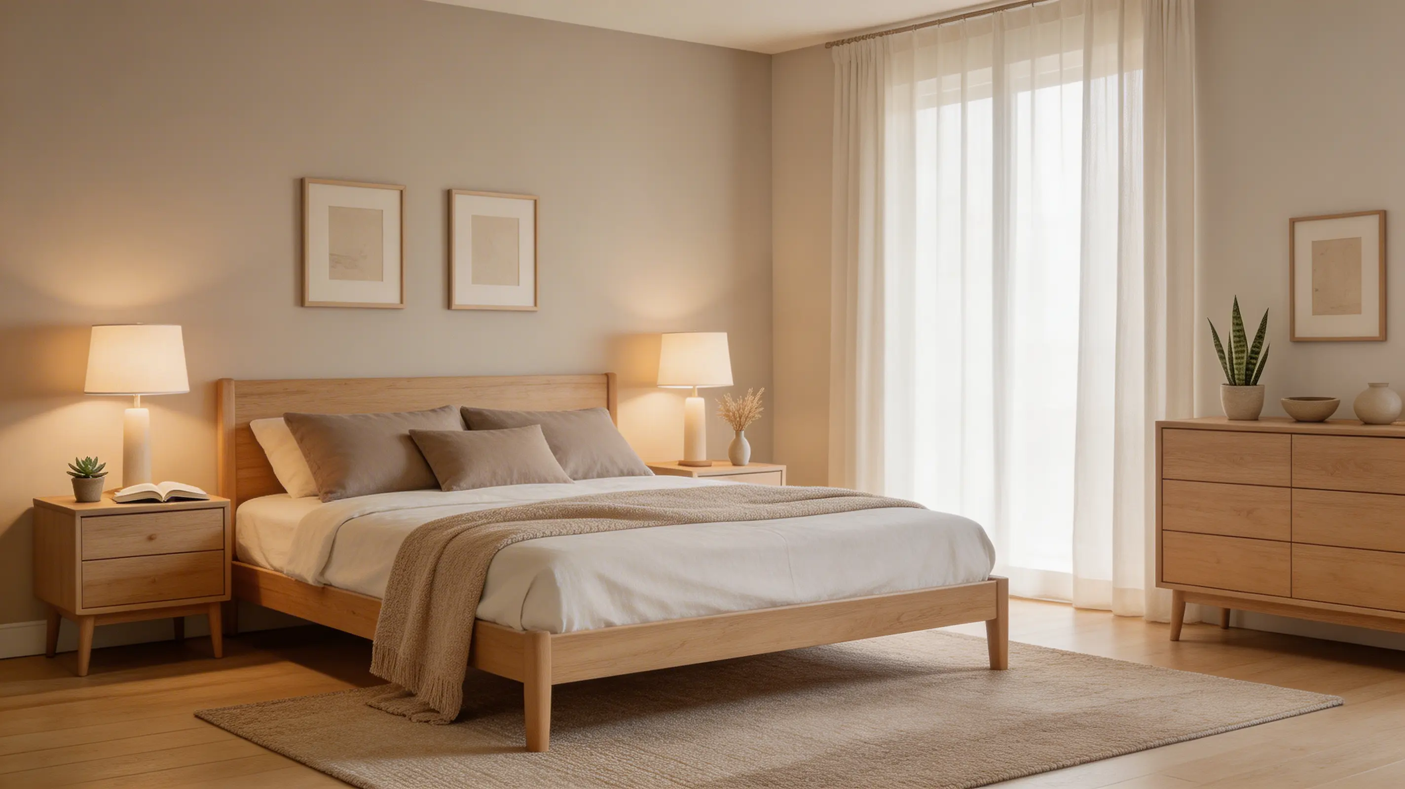 a serene bedroom with beige, taupe, and ivory tones, wooden furniture, and soft lighting.