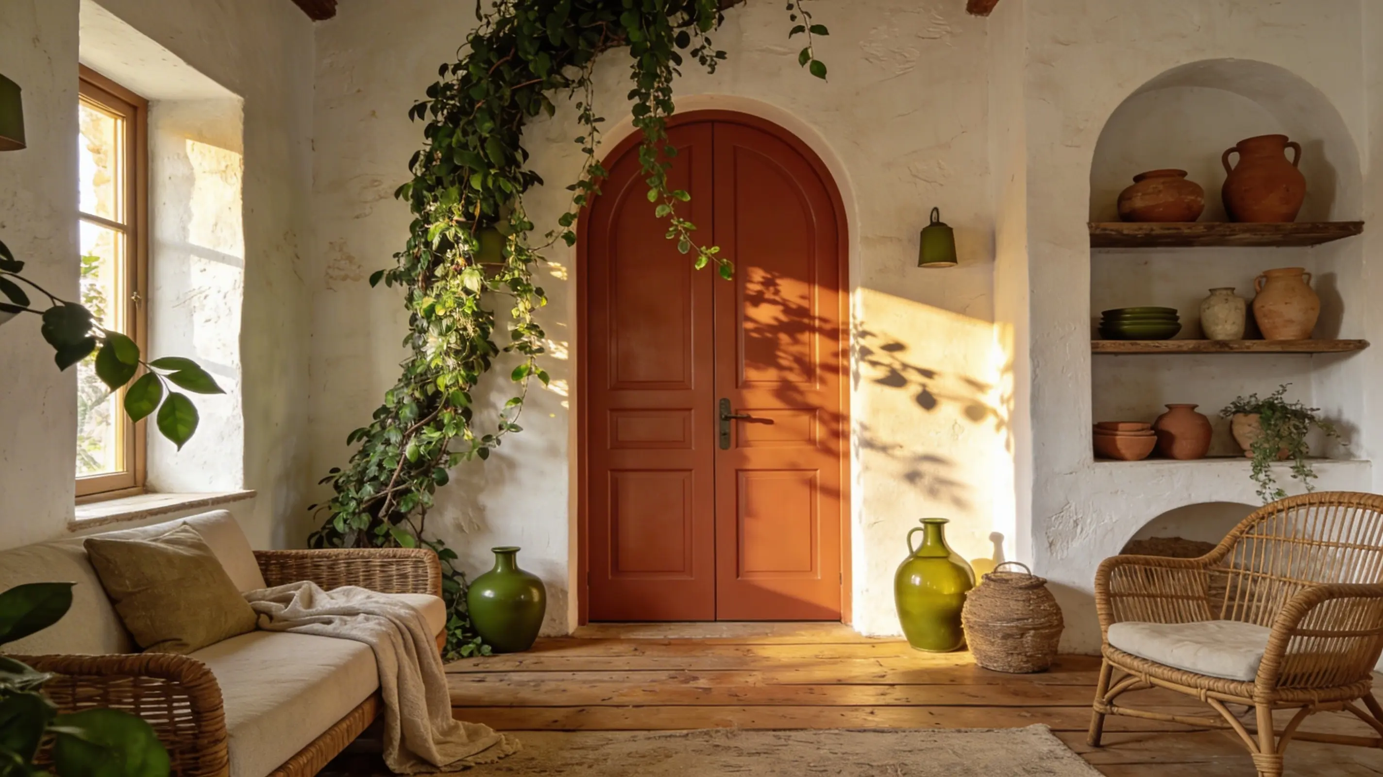 a sunlit kitchen with a terracotta door, olive green accents, clay pots, and rattan decor, creating a joyful, earthy ambiance