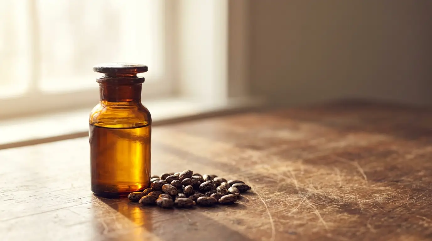 Amber glass bottle with oil beside castor beans on rustic wooden table