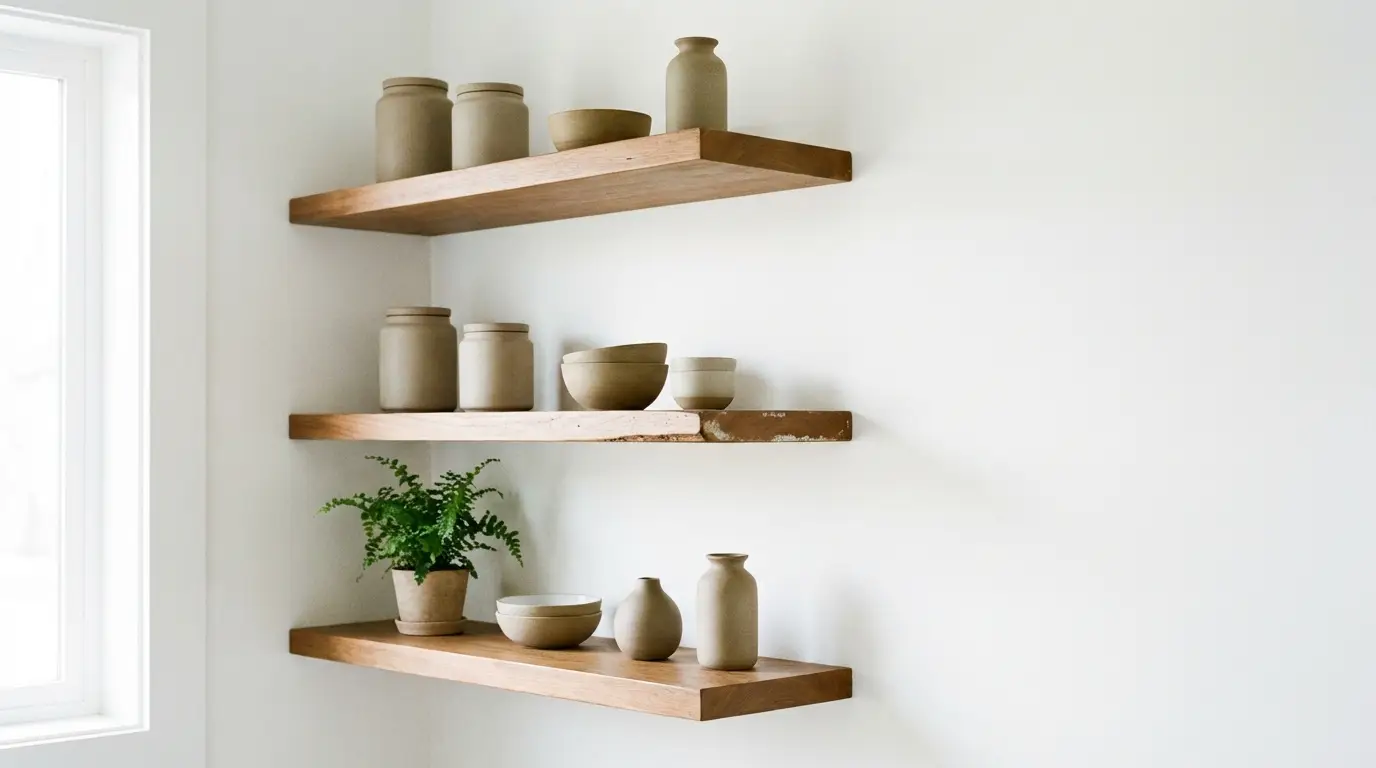 Wooden shelves with pottery and a potted fern on a white wall in natural light