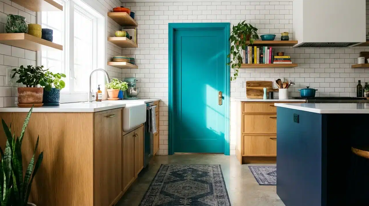 bathroom with a cool teal door, white walls, and muted accents, creating a fresh, lively atmosphere