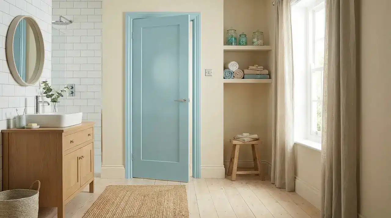 bathroom with an ocean blue door, white tiles, and light wood finishes, creating a relaxing, coastal atmosphere (1)