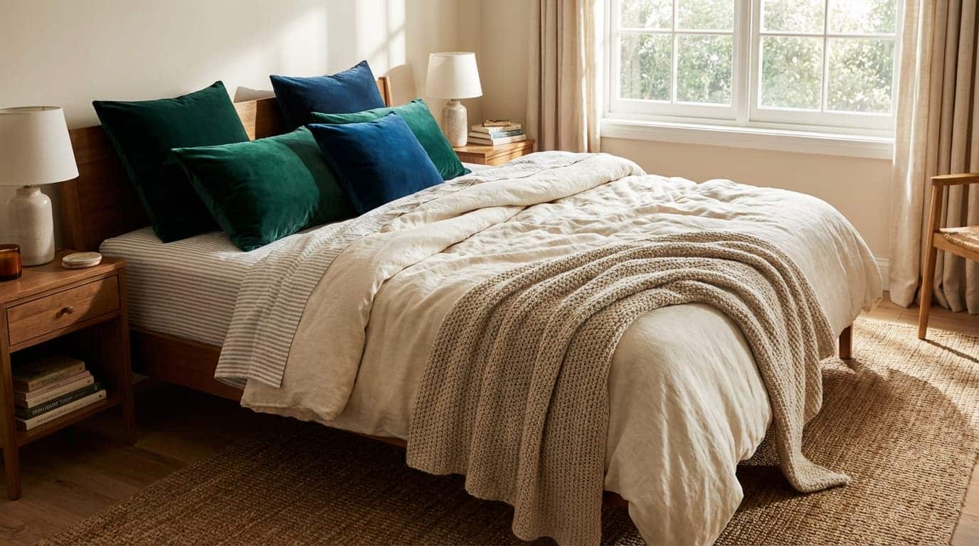 bed with a mix of linen, velvet, and cotton creating a tactile richness for a luxurious, inviting feel.