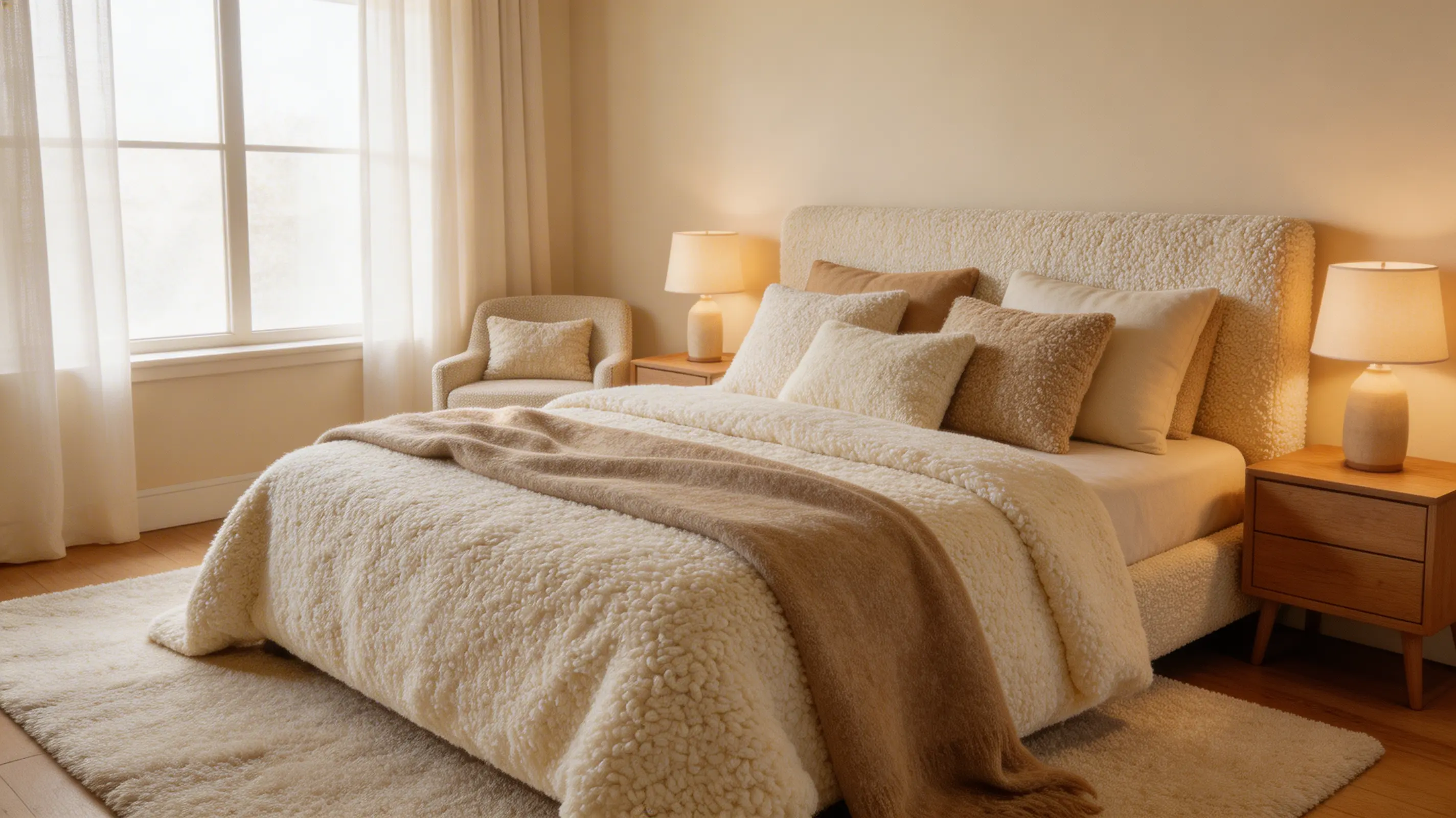 bed with bouclé and wool fabrics, adding tactile depth and cozy warmth to the bedding and cushions