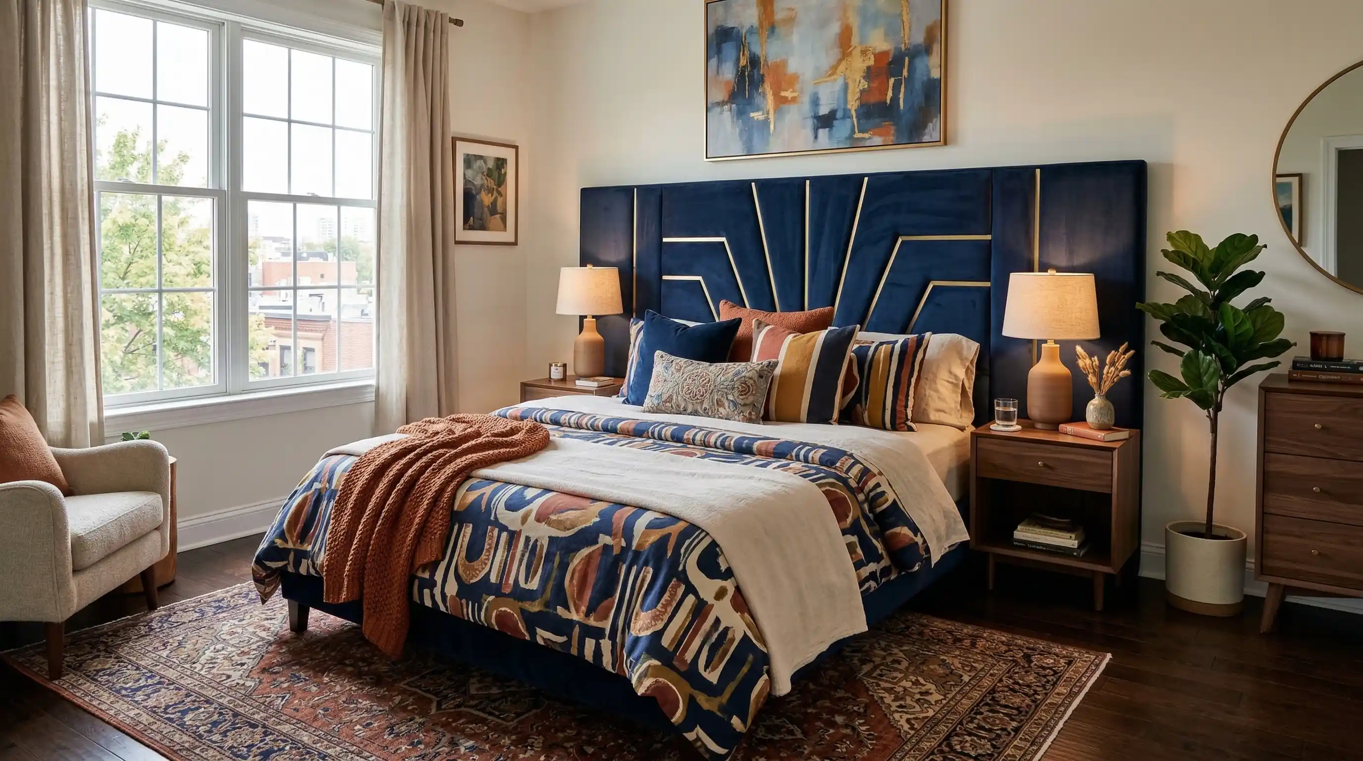 bedroom with a bed as the central focal point, highlighted with unique bedding