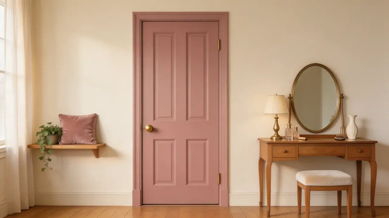 bedroom with a dusty berry pink door, antique brass fixtures, and ivory walls creating romantic vintage charm (1)