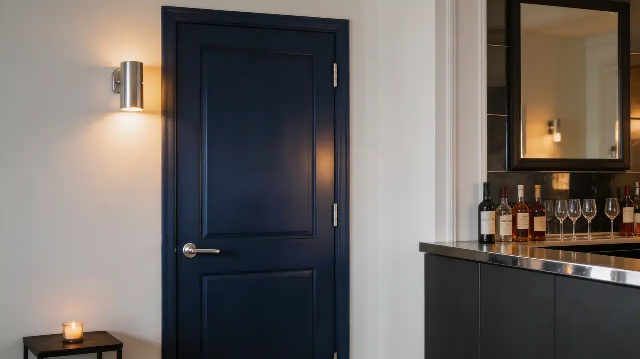 bedroom with a midnight indigo door, silver accents, and moody lighting, creating a rich, mysterious ambiance