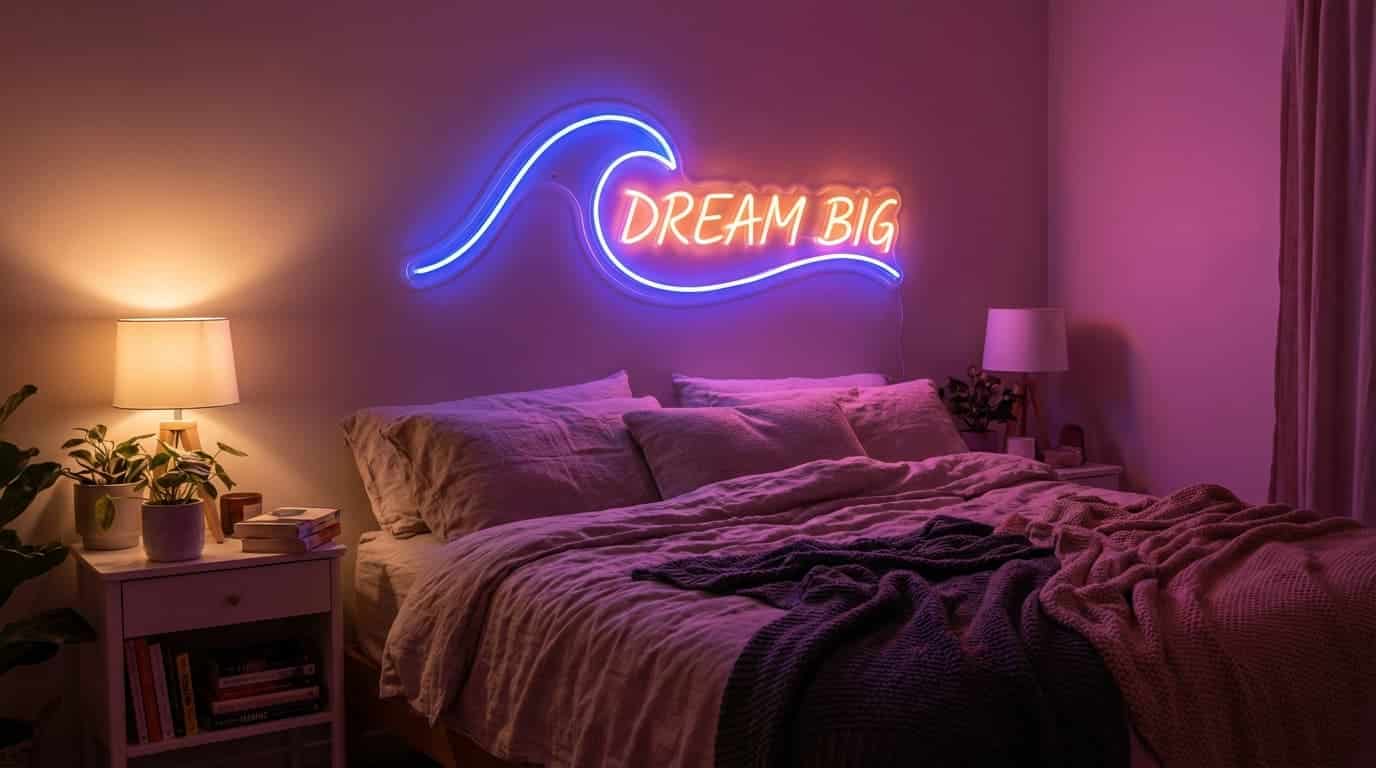 bedroom with a neon sign adding playful personality and vibrant glow to the room’s ambiance