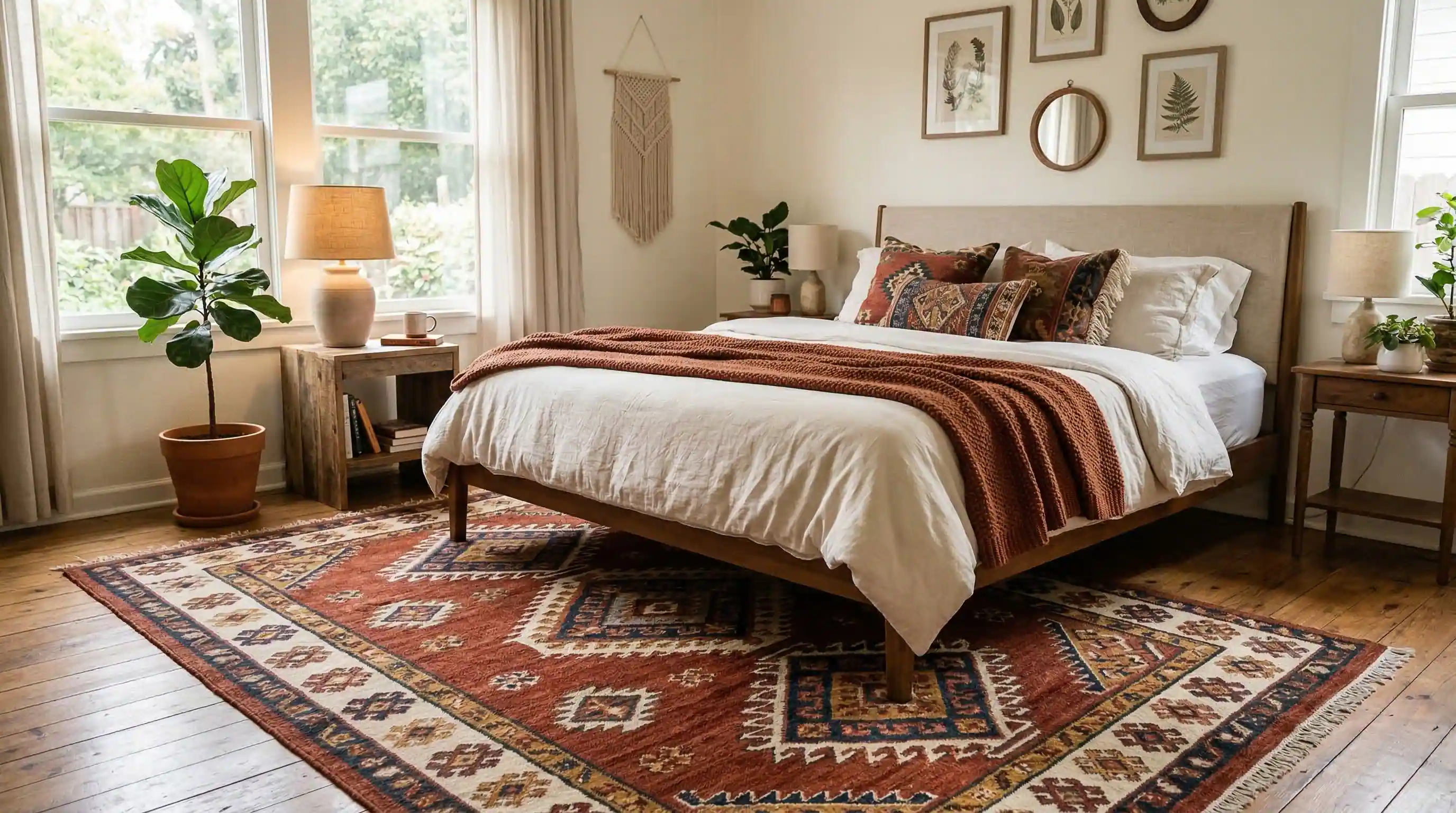 bedroom with a patterned bohemian rug adding warmth, texture, and visual depth to the floor
