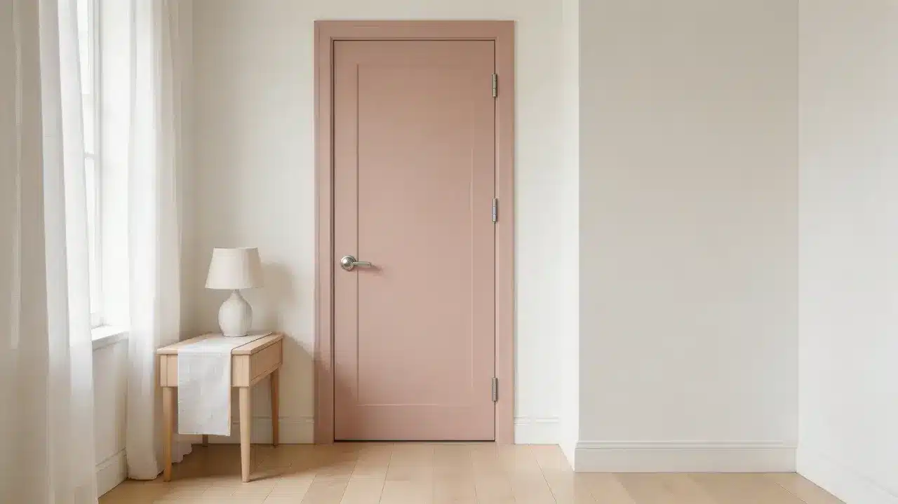 bedroom with a powder blush door, soft white walls, and linen textiles, creating a calm, subtle warmth (1)