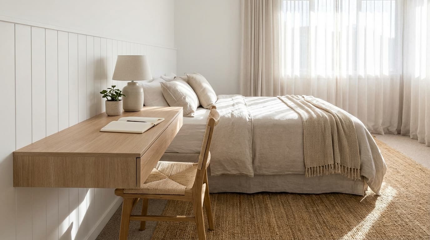 bedroom with a simple desk setup blending into decor while keeping the space clean and useful