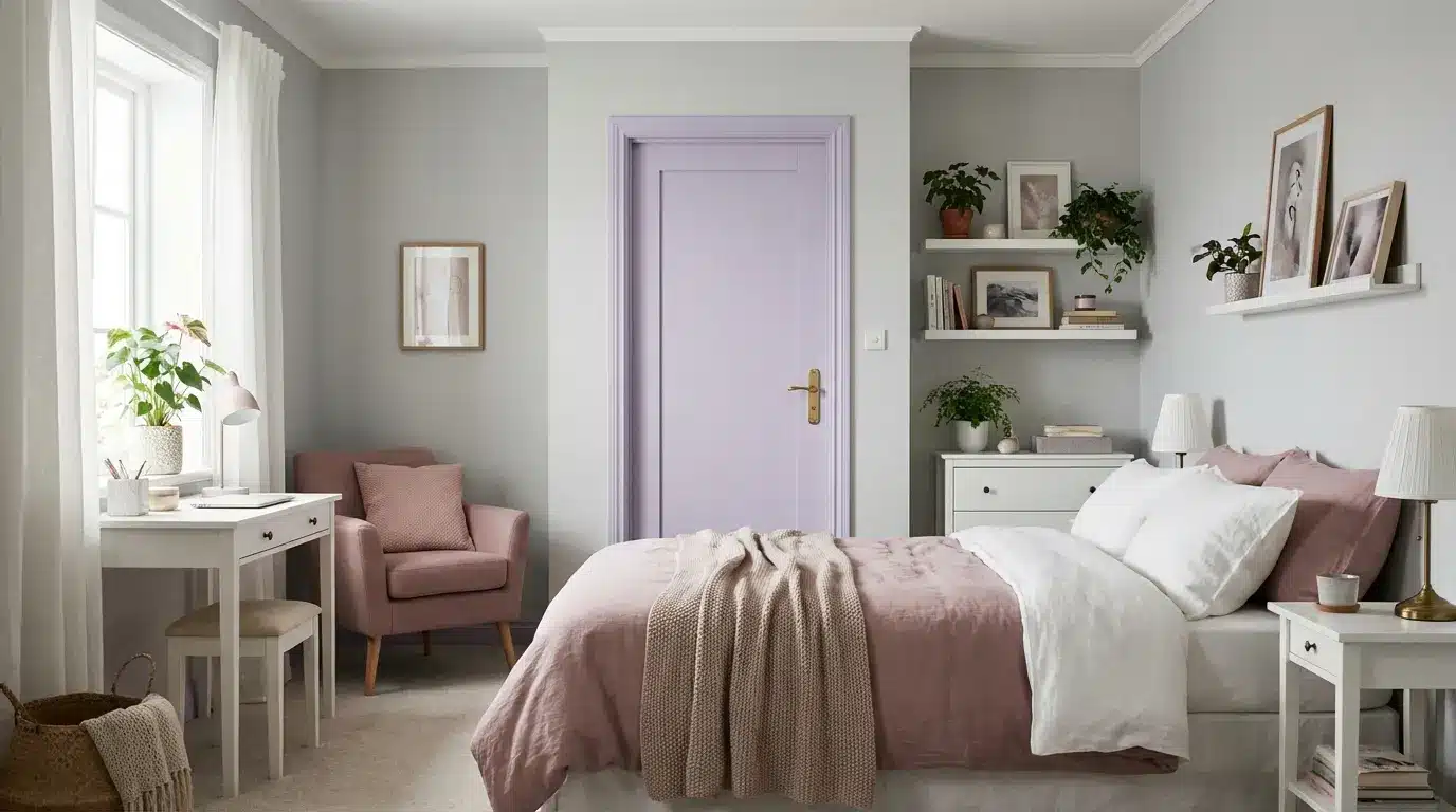 bedroom with a soft lavender door, light grey walls, and soft furnishings, creating a calm and tranquil space