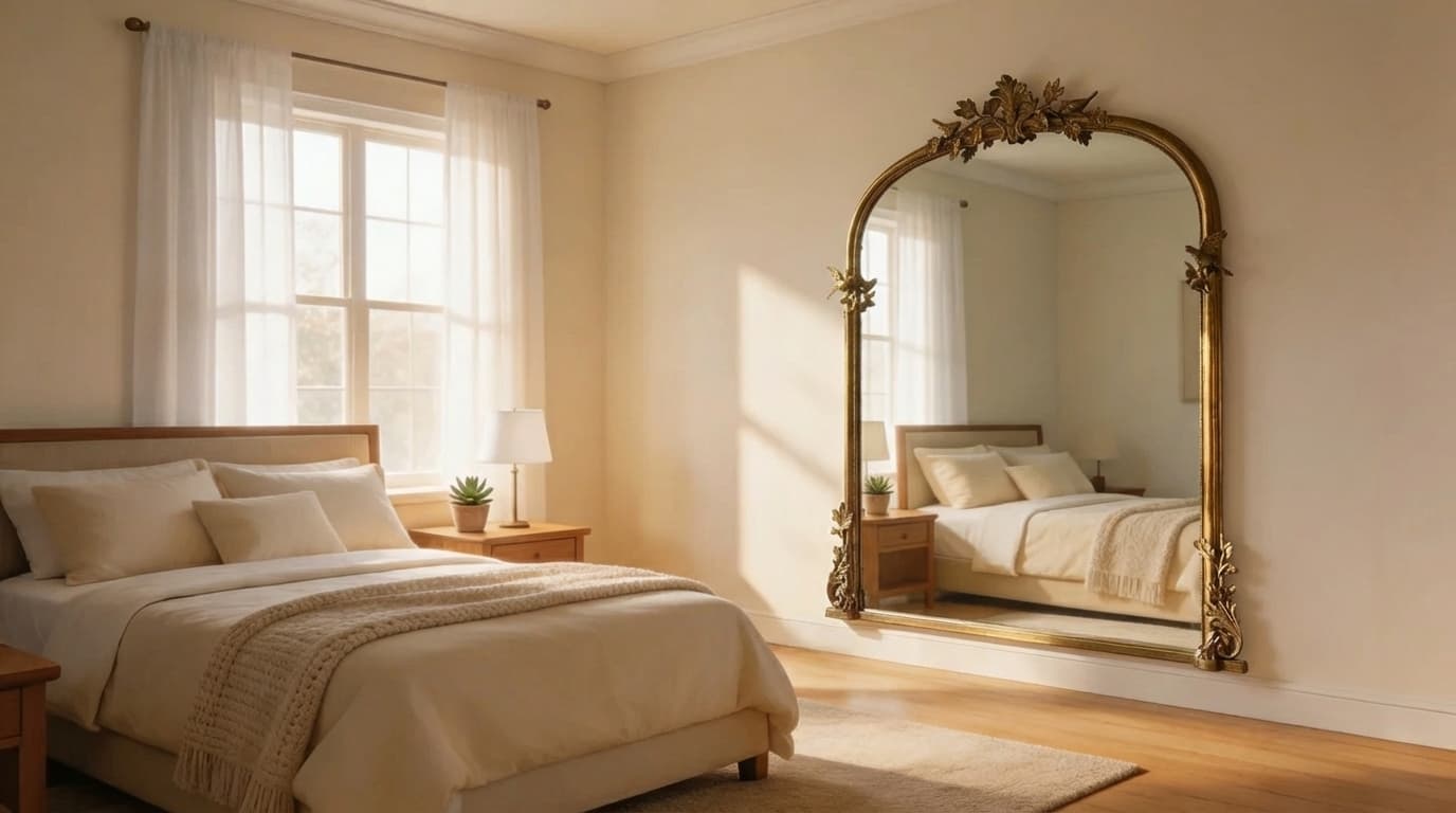 bedroom with a well-placed mirror that reflects light and opens up the space while adding style