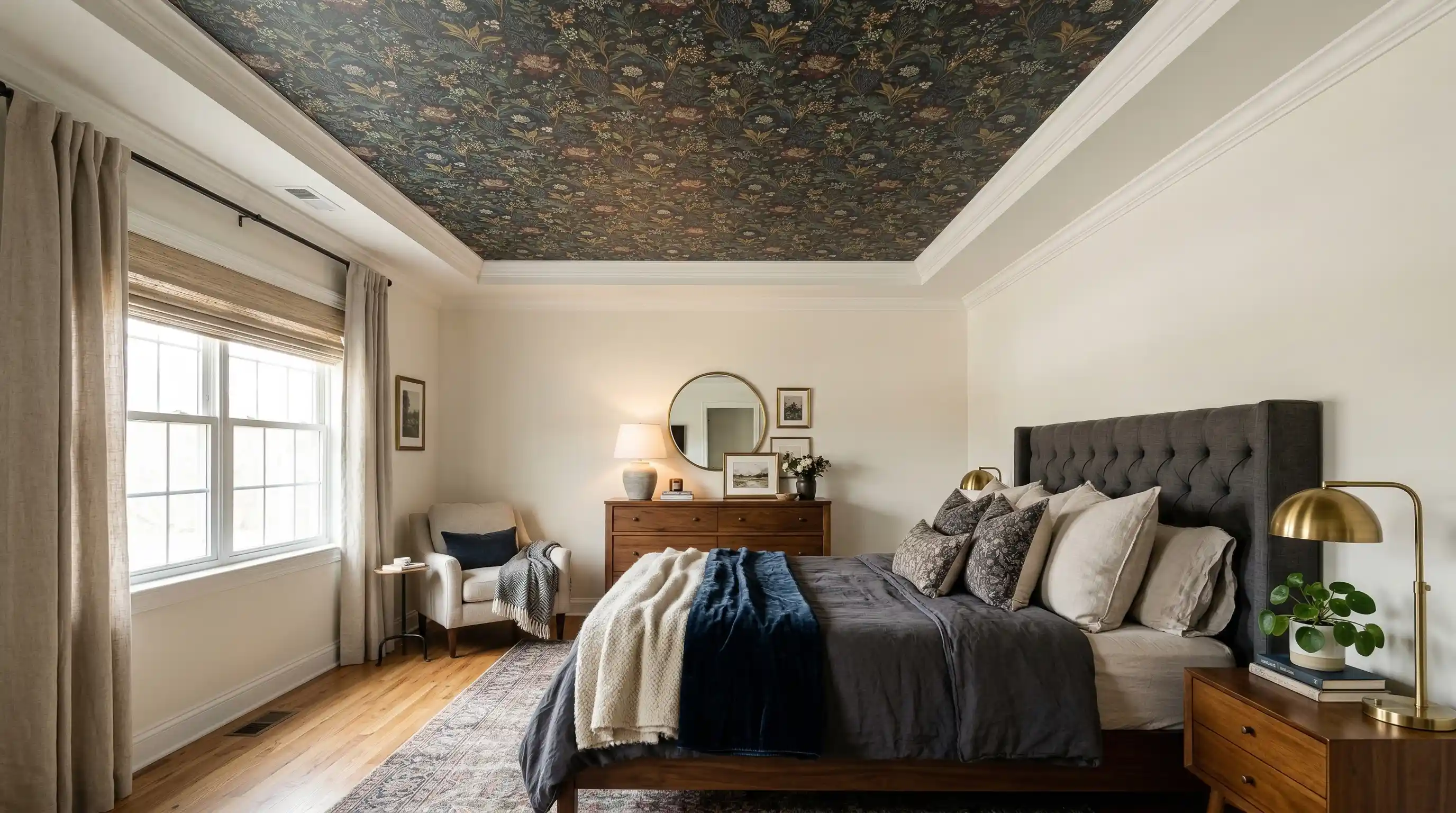 bedroom with bold painted or patterned ceiling adding depth and visual interest overhead
