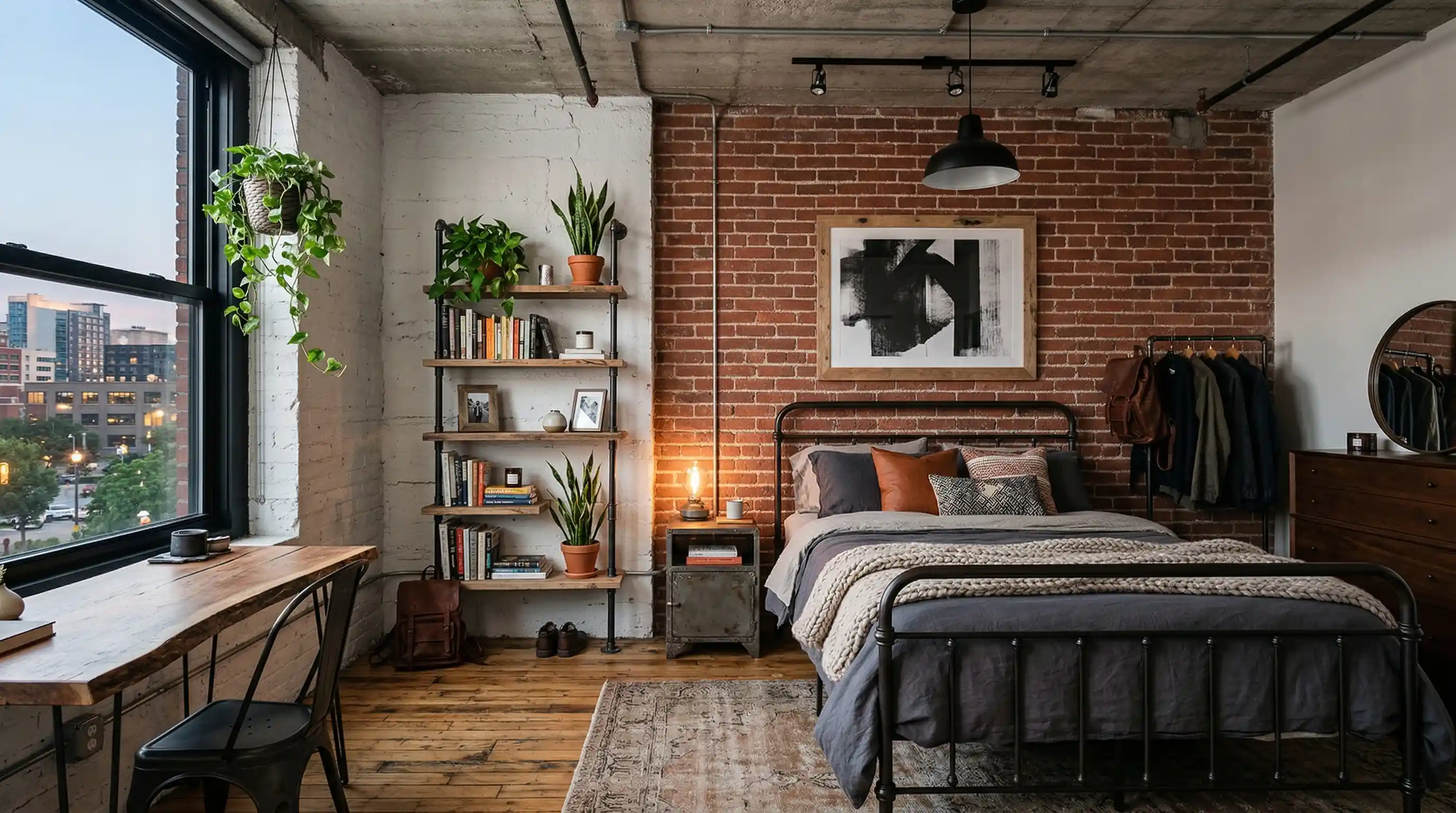 bedroom with exposed brick and metal shelves creating a raw and urban interior look