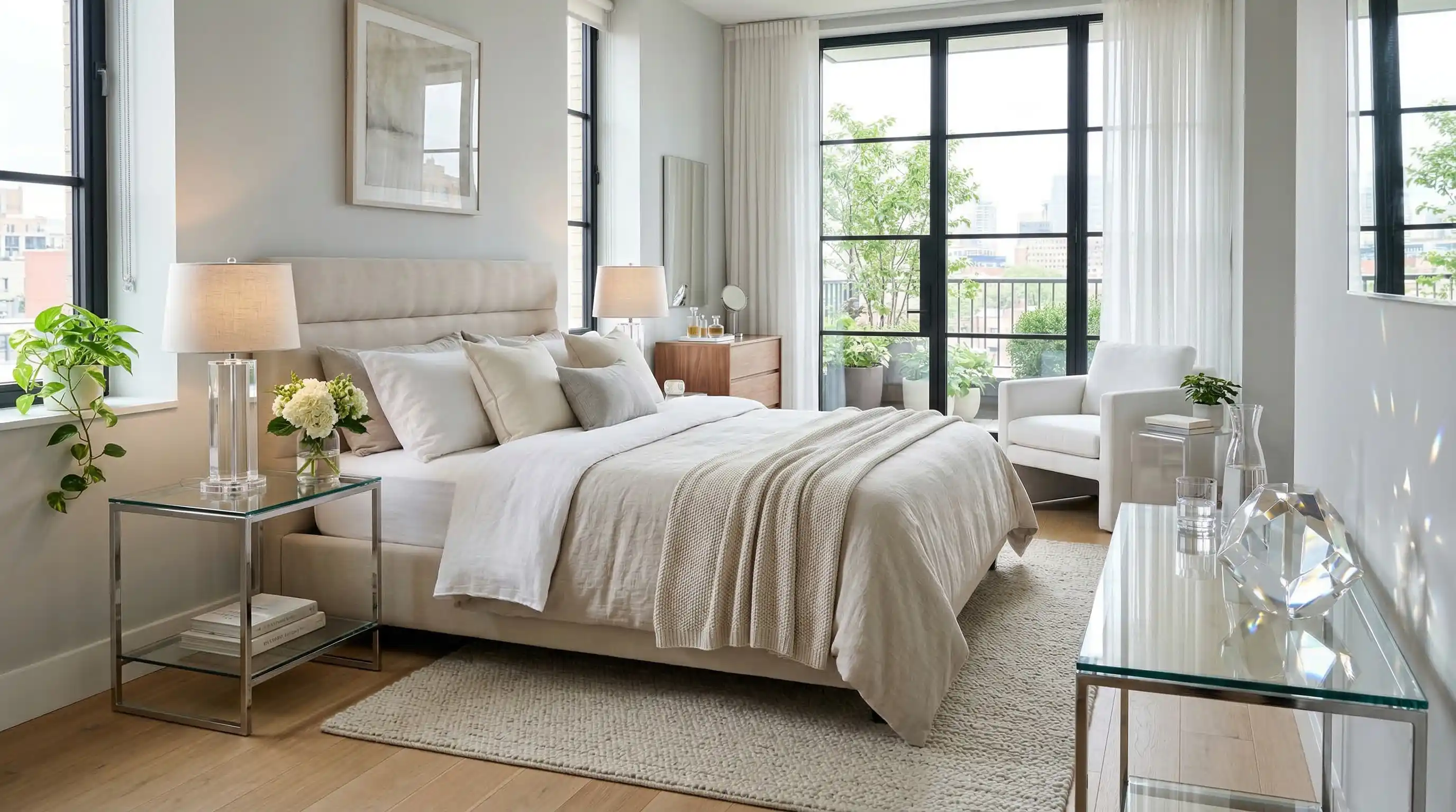bedroom with glass furniture reflecting light and making the space feel open and bright.