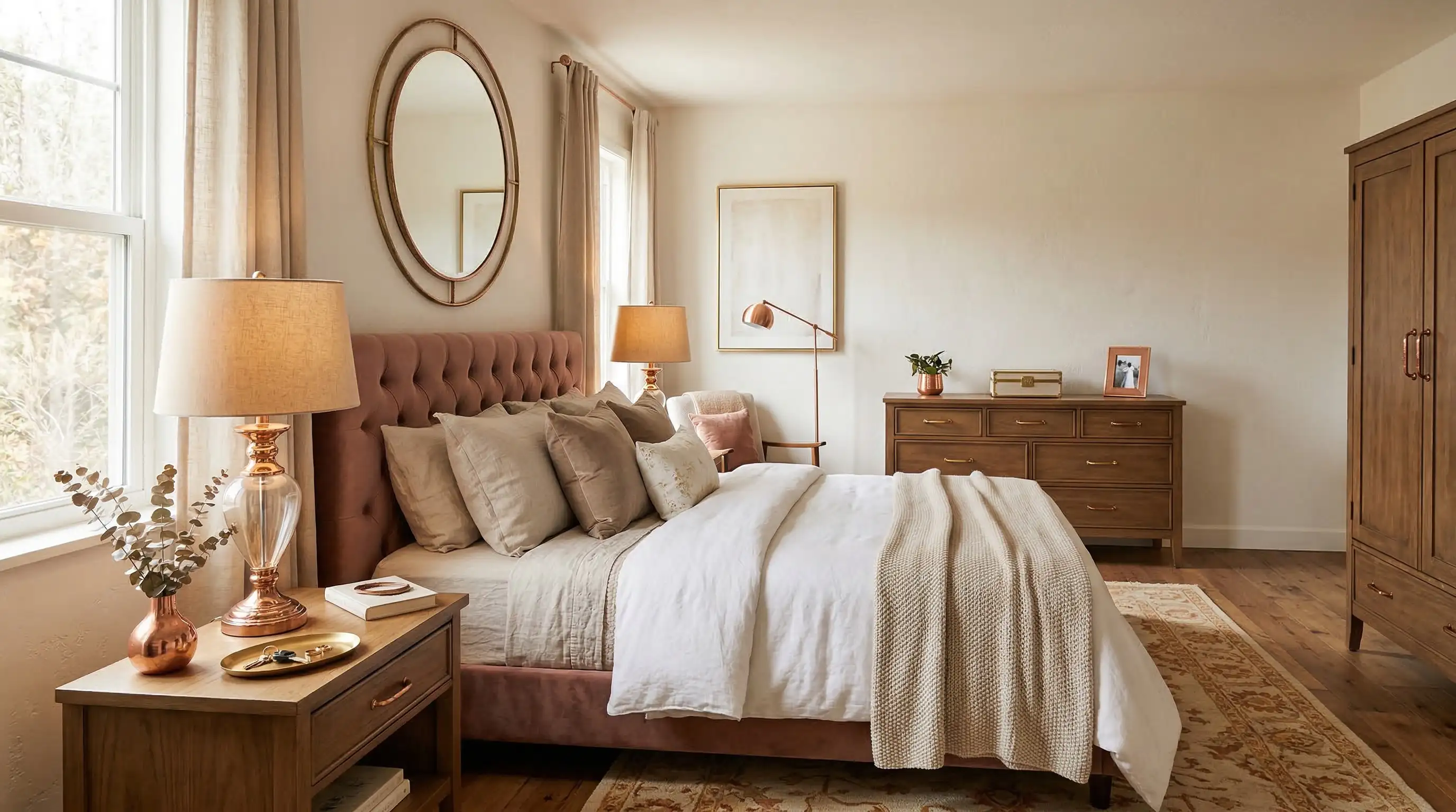 bedroom with gold or copper accents on lamps and decor adding warmth and subtle shine