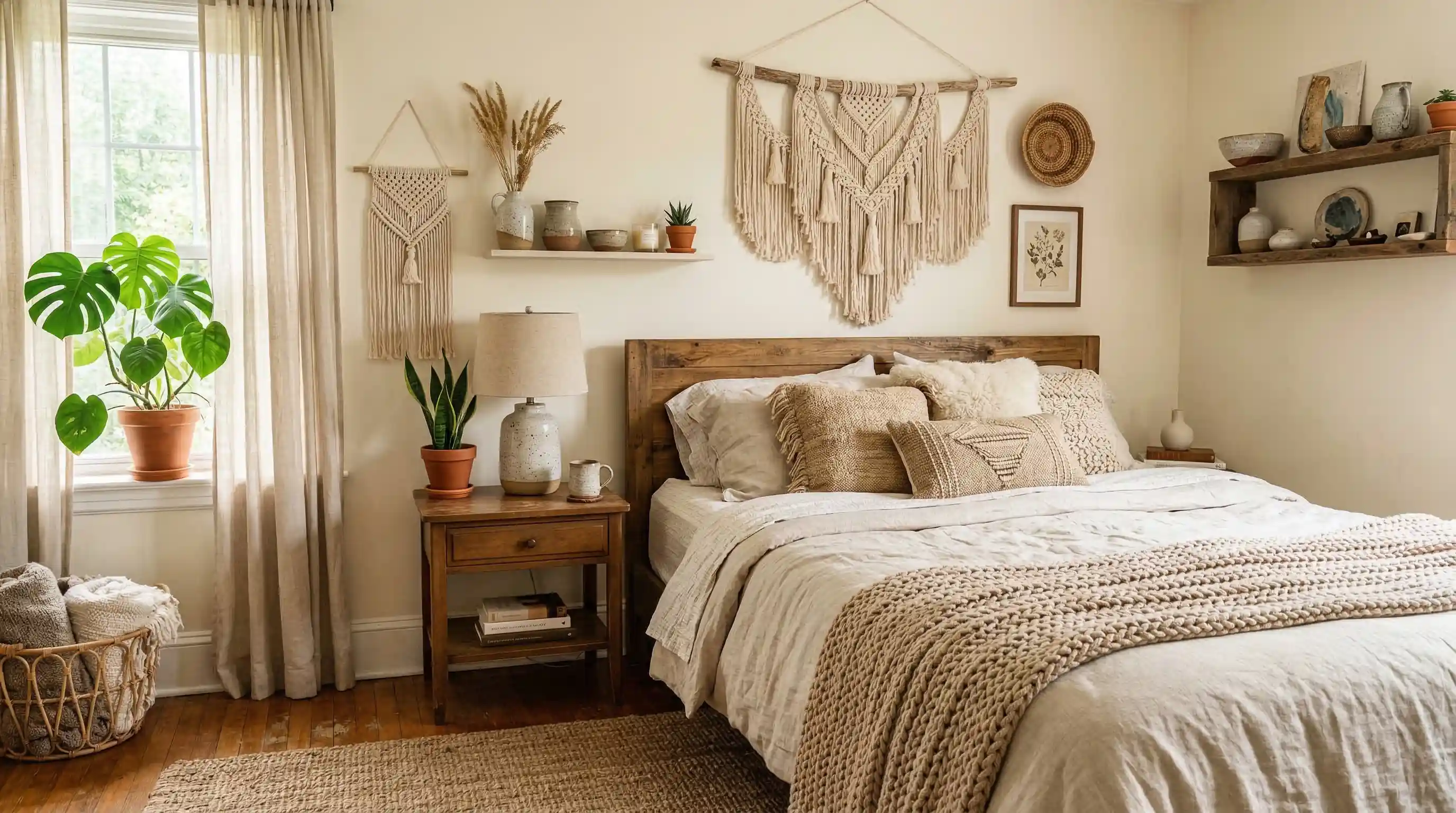 bedroom with handmade decor like macrame and ceramics adding warmth and personal touch