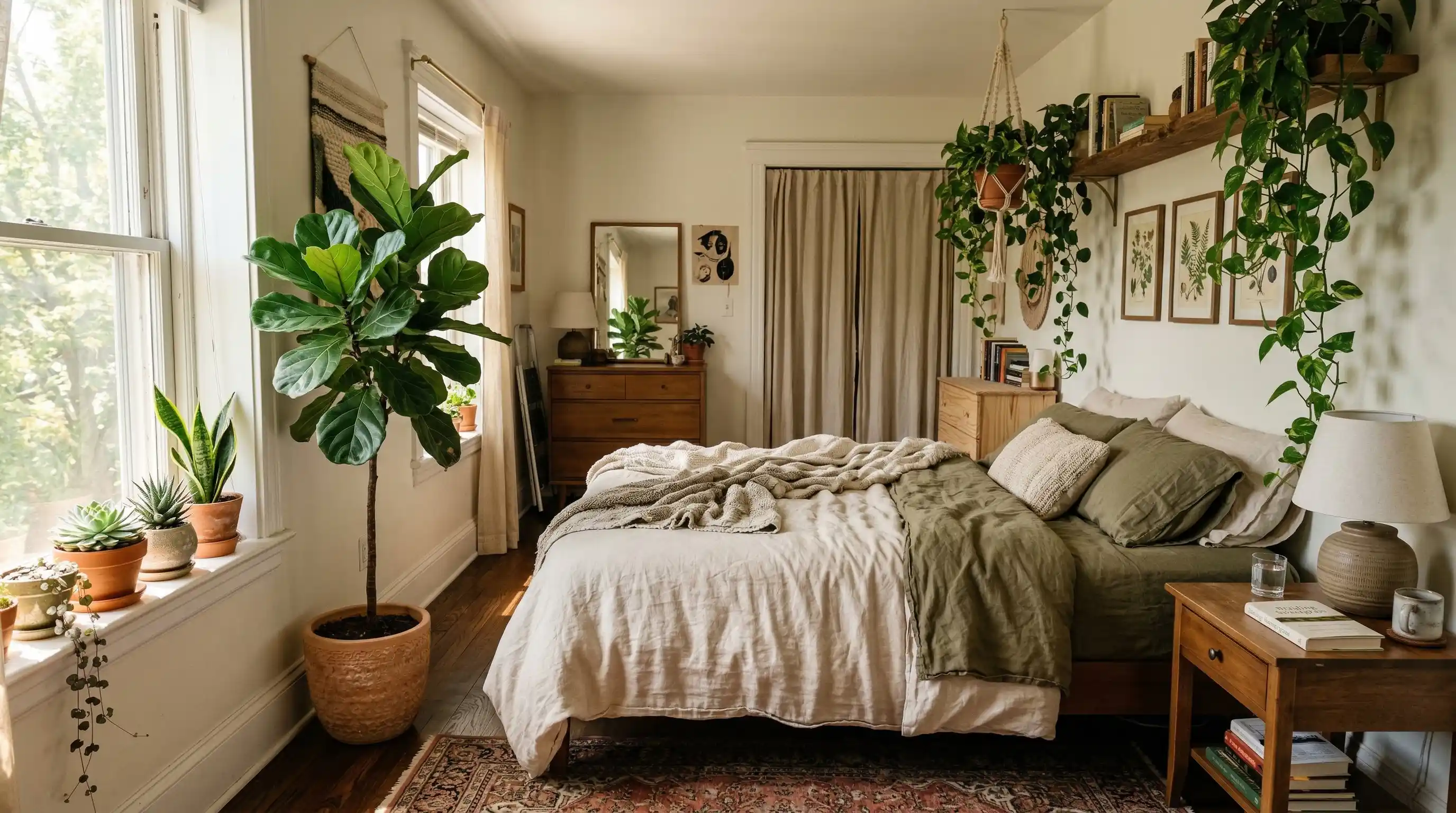 bedroom with indoor plants like pothos and fiddle leaf fig adding life and natural texture