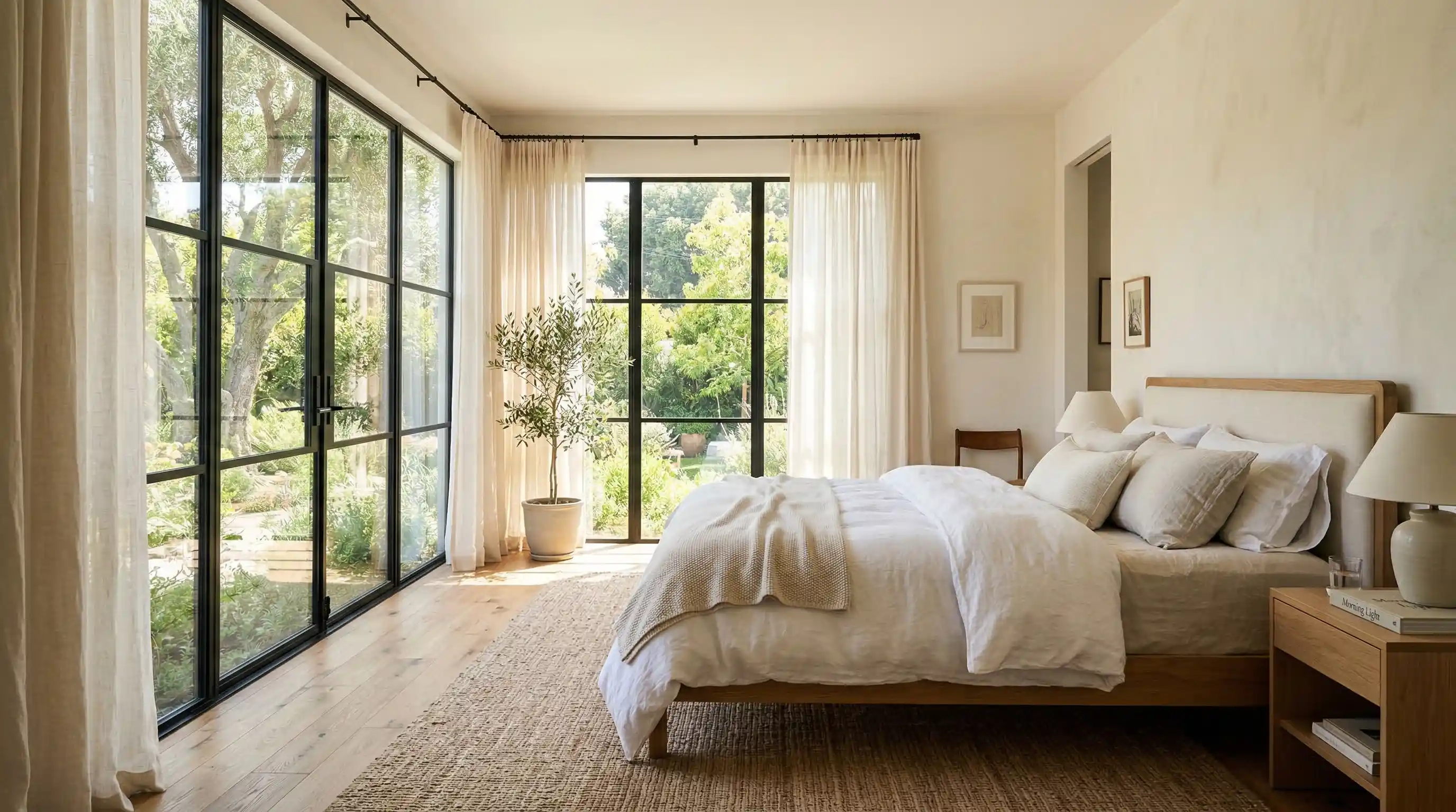 bedroom with large windows and light curtains allowing natural light to fill the space