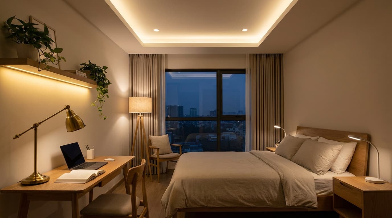 bedroom with layered lighting from overhead, task lamps, and accents, creating a flexible ambiance