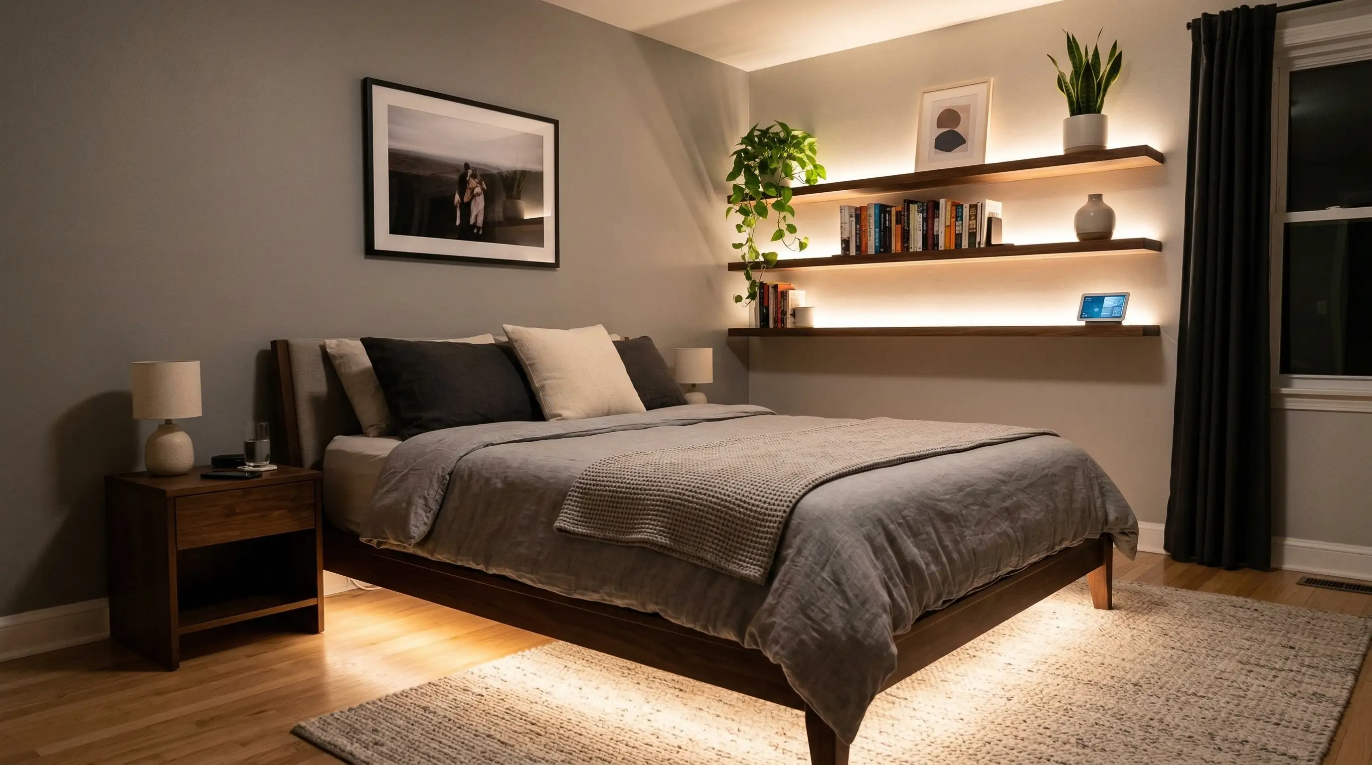 bedroom with led strip lighting under the bed and shelves creating a soft modern glow