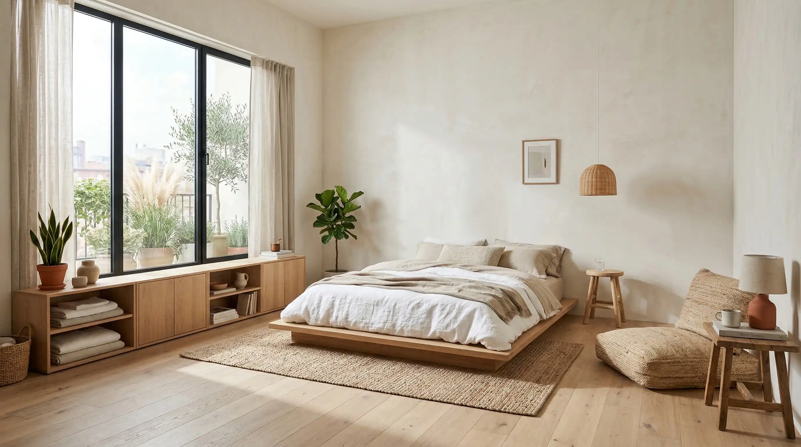 bedroom with low bed and furniture creating an open airy layout with more visible space