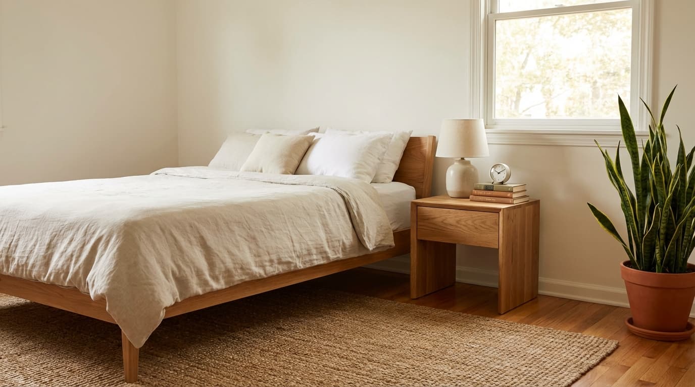 bedroom with minimal technology, free from screens and tangled cables, creating a quiet and grounded atmosphere.