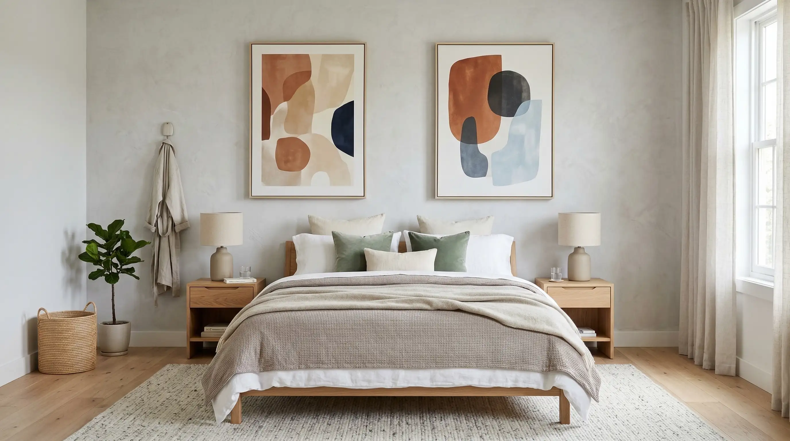 bedroom with minimal wall art spaced apart creating a clean and balanced visual look