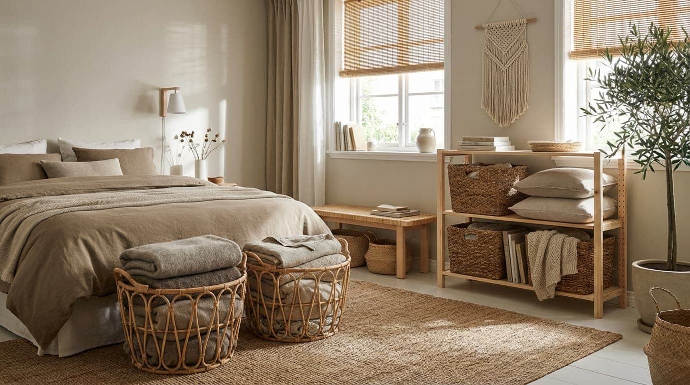 bedroom with neatly organised baskets made from rattan or linen