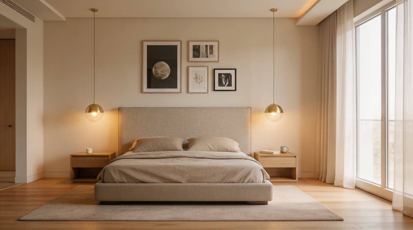 bedroom with pendant lights replacing table lamps, adding sleek, sculptural drama above the bed