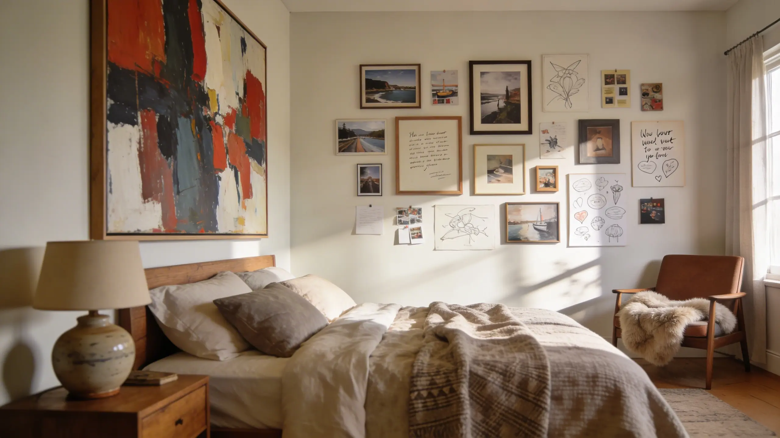 bedroom with personal artwork on the walls, creating a visual narrative that reflects personality